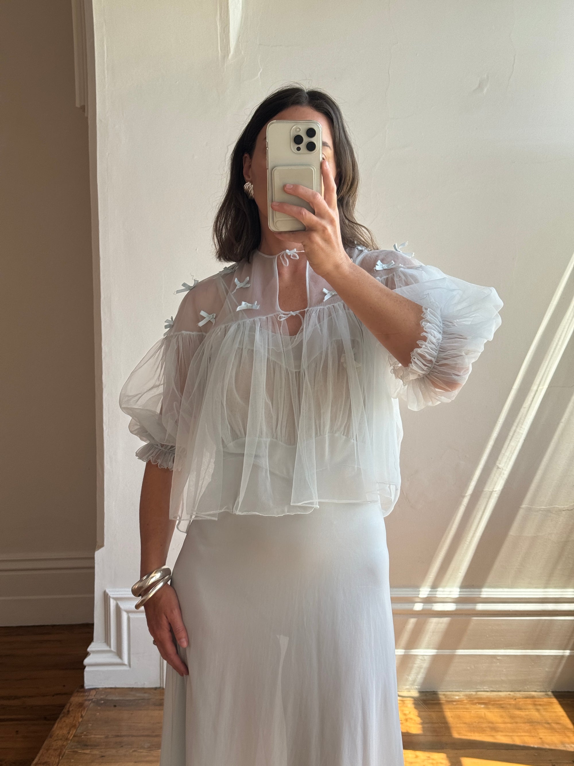 Vintage 50s Baby Blue Peignoir Slip and Jacket Set with Bows