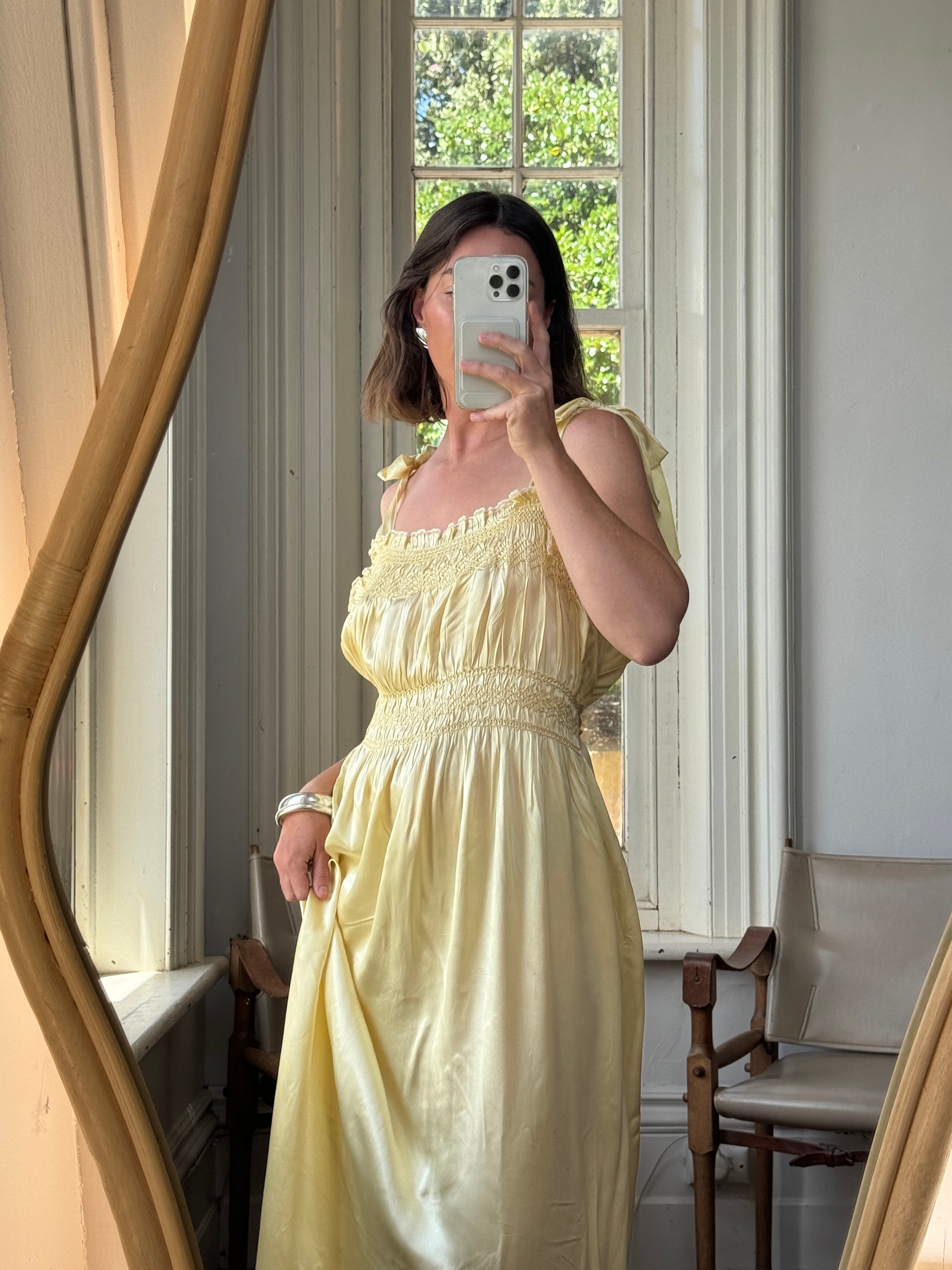 Vintage 40s Liquid Satin Shirred Dress With Ribbon Ties Yellow