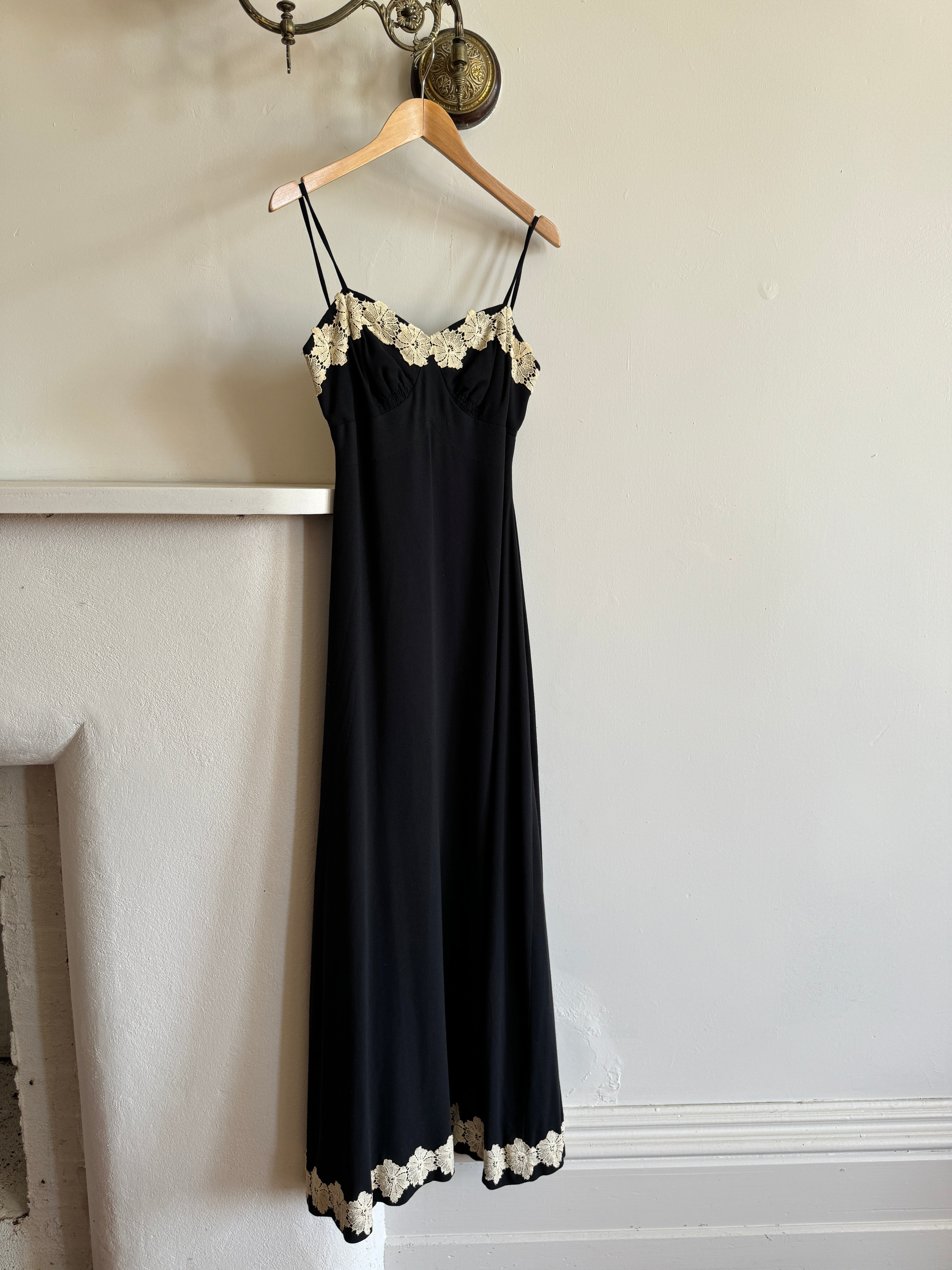 Vintage Black Crepe Midi Dress with Cream Floral Applique