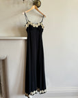 Vintage Black Crepe Midi Dress with Cream Floral Applique