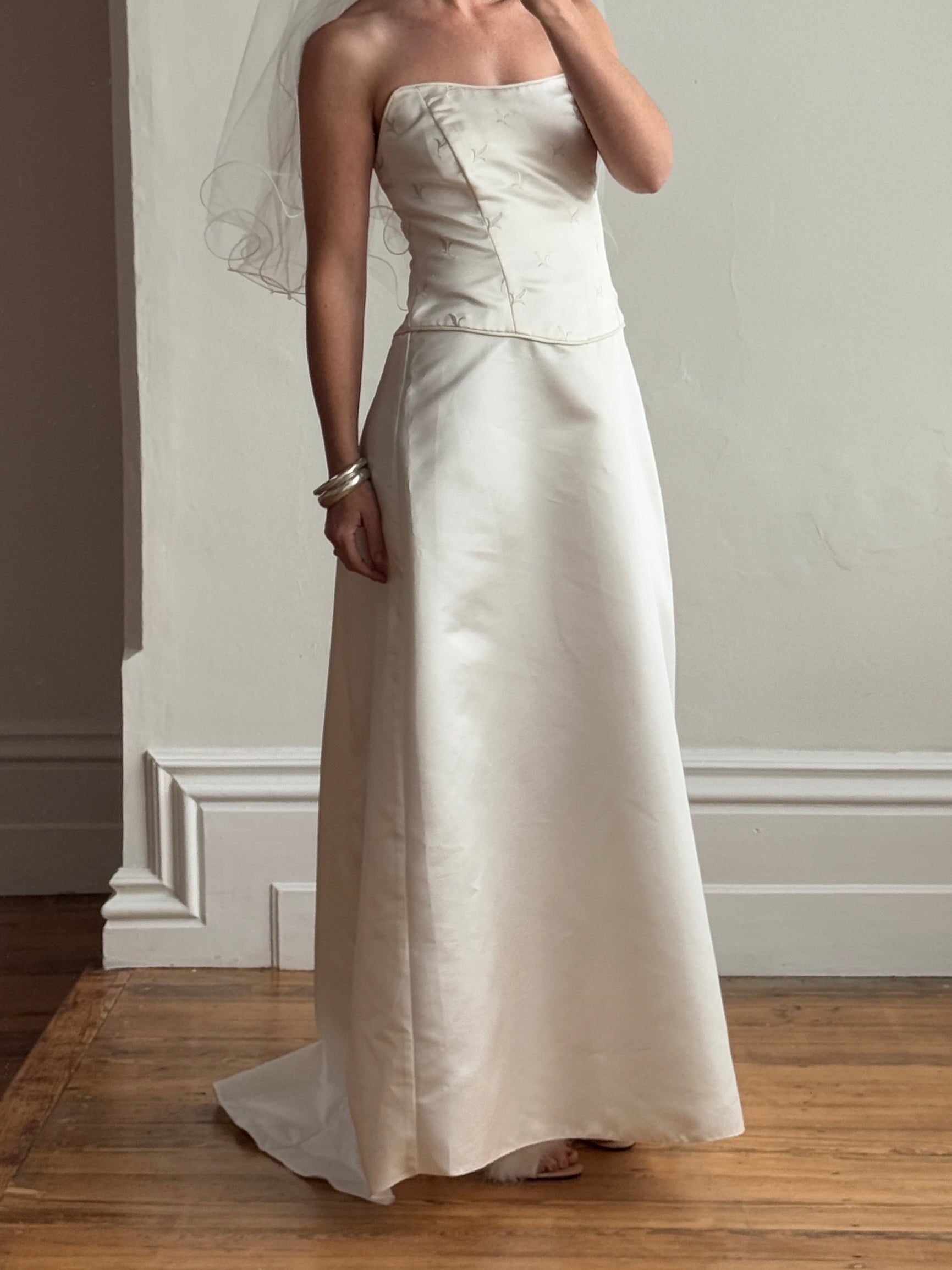 Vintage 90s Australian Made Column Strapless Satin Wedding Dress