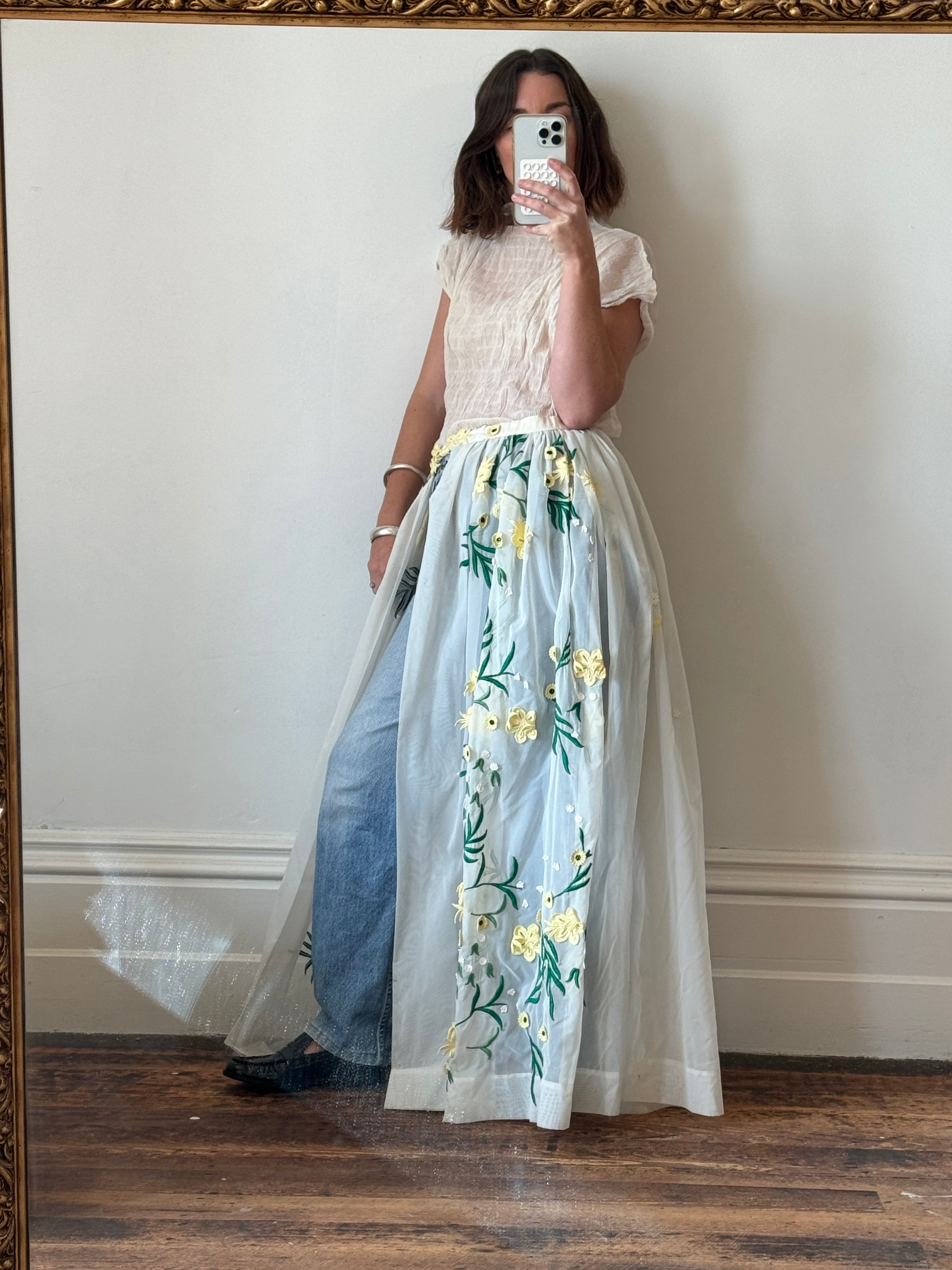 Vintage Rare Sheer Spring Floral Applique Belt Skirt