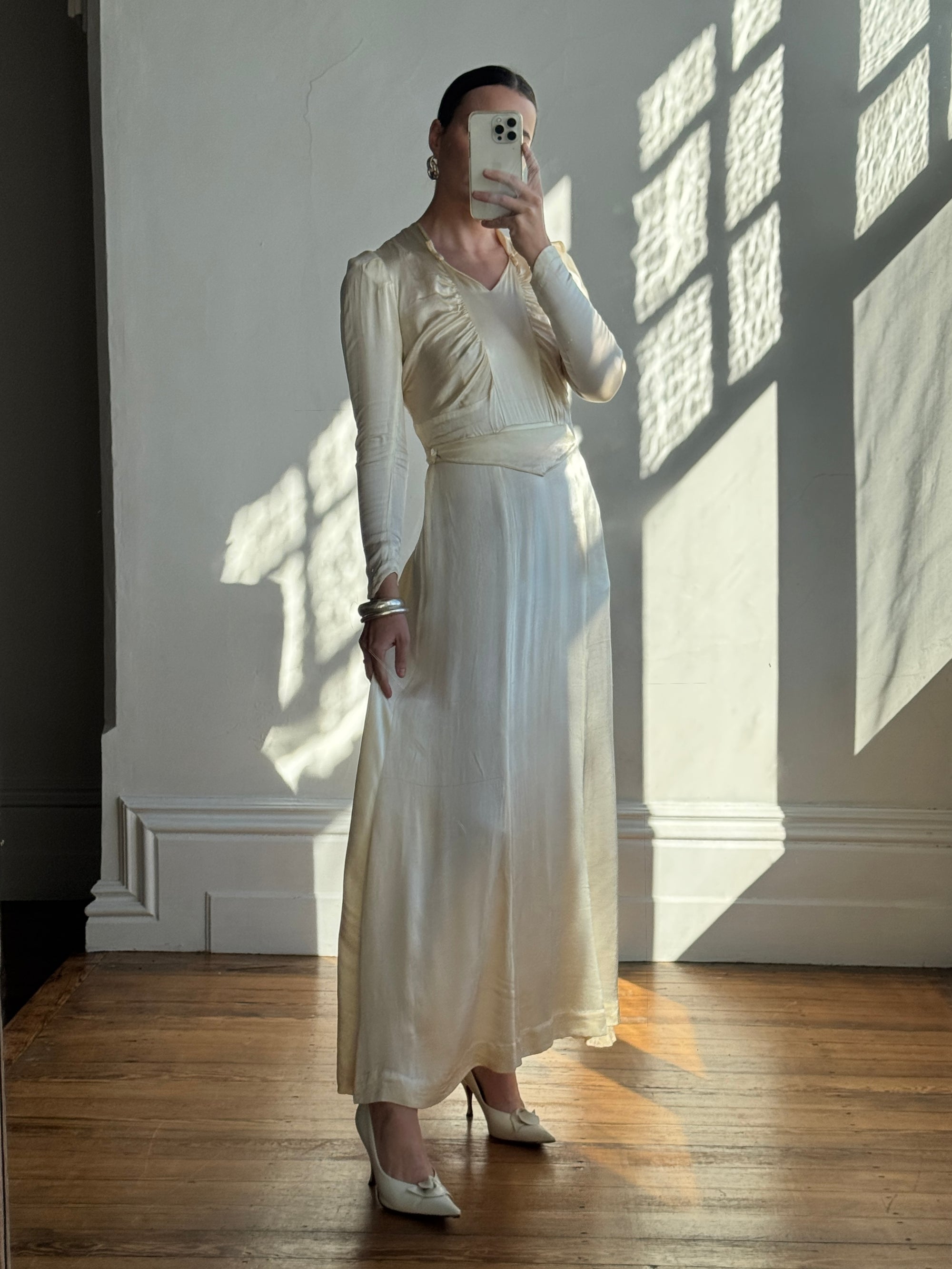 Vintage 40s Liquid Satin Classic Bridal Midi With Bows