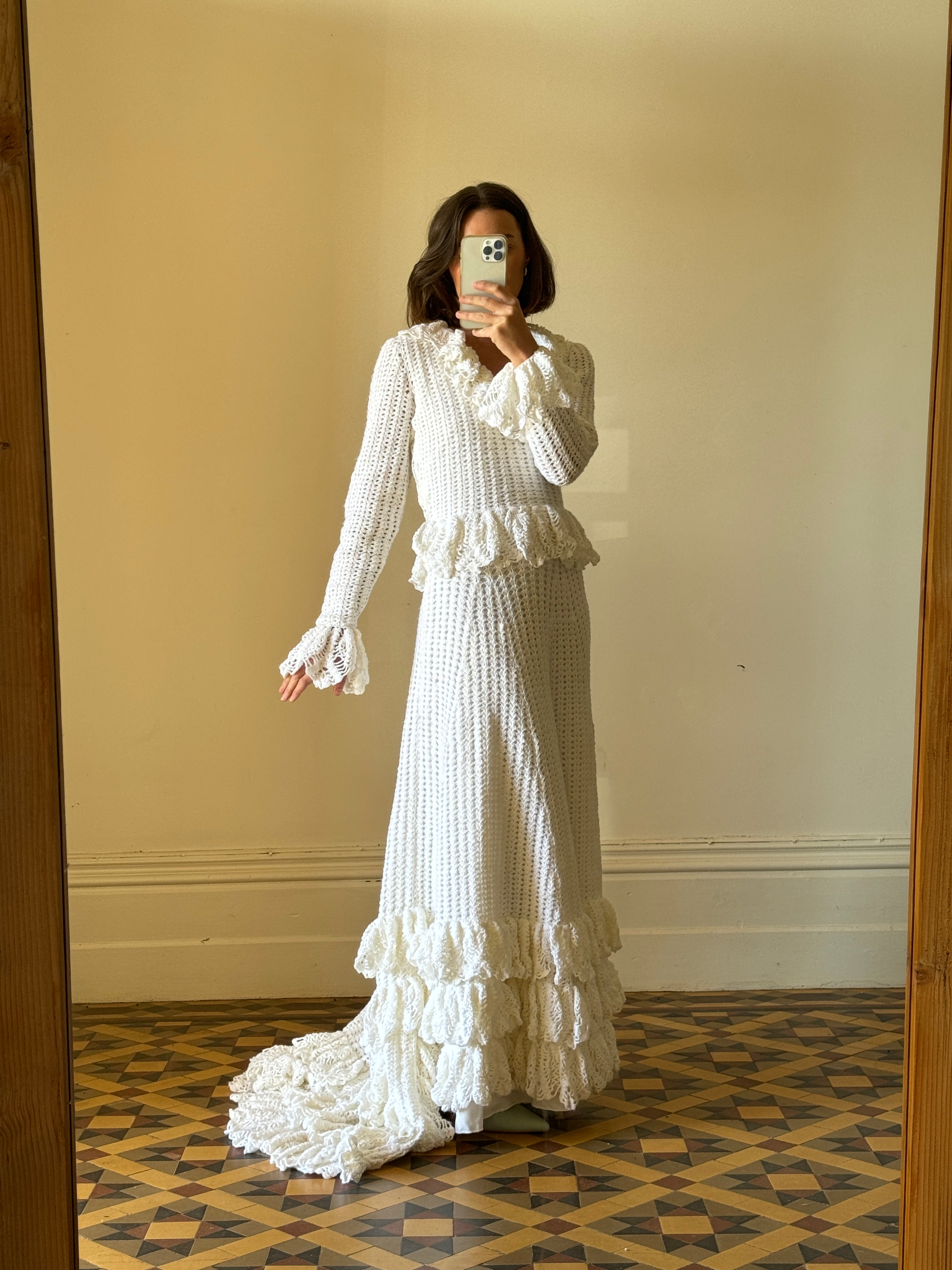 Vintage 1970s Crochet Ruffle Couture Wedding Gown