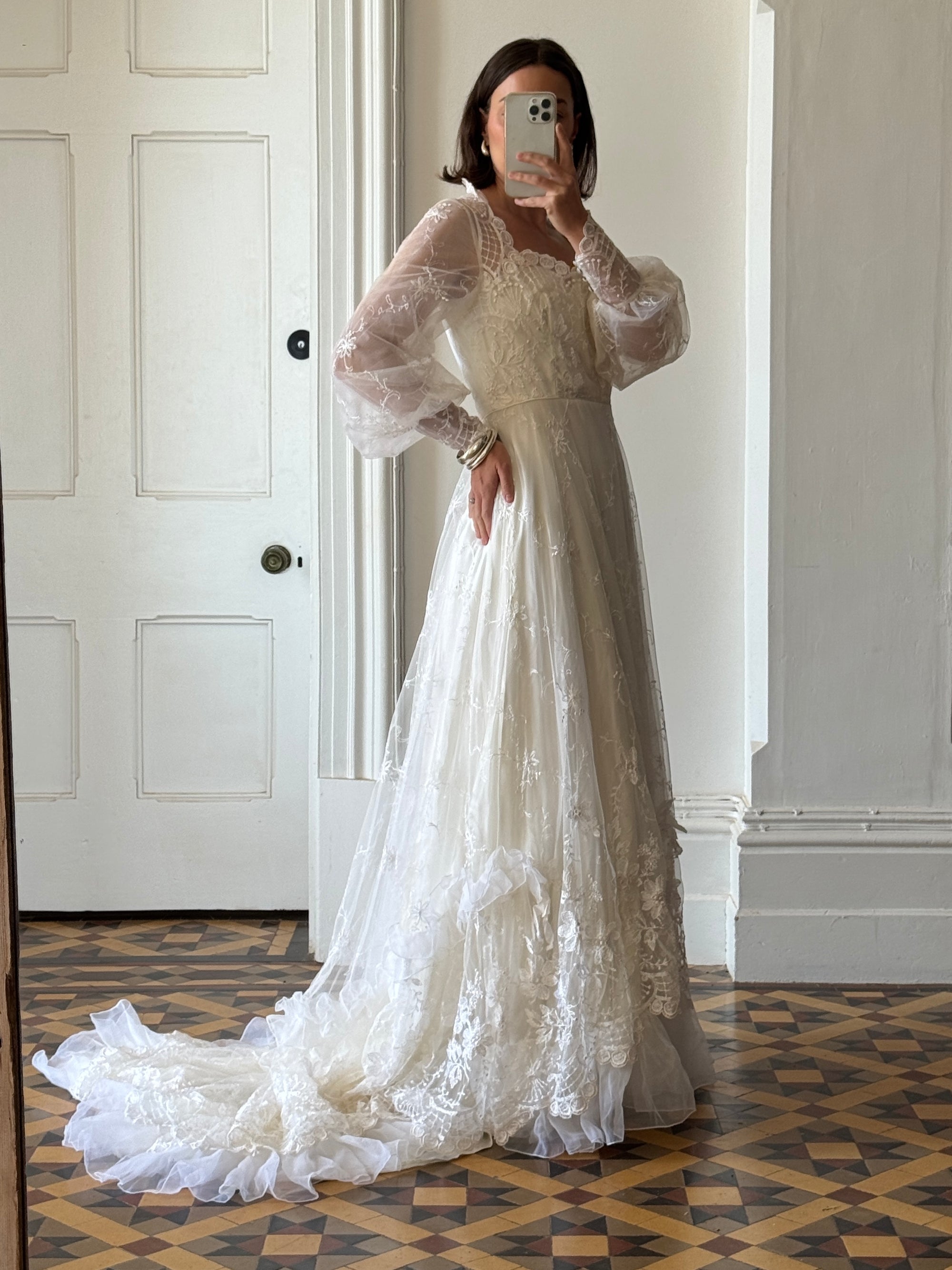 Vintage 70s Embroidered Prairie Long Sleeved Wedding Gown