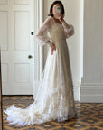 Vintage 70s Embroidered Prairie Long Sleeved Wedding Gown