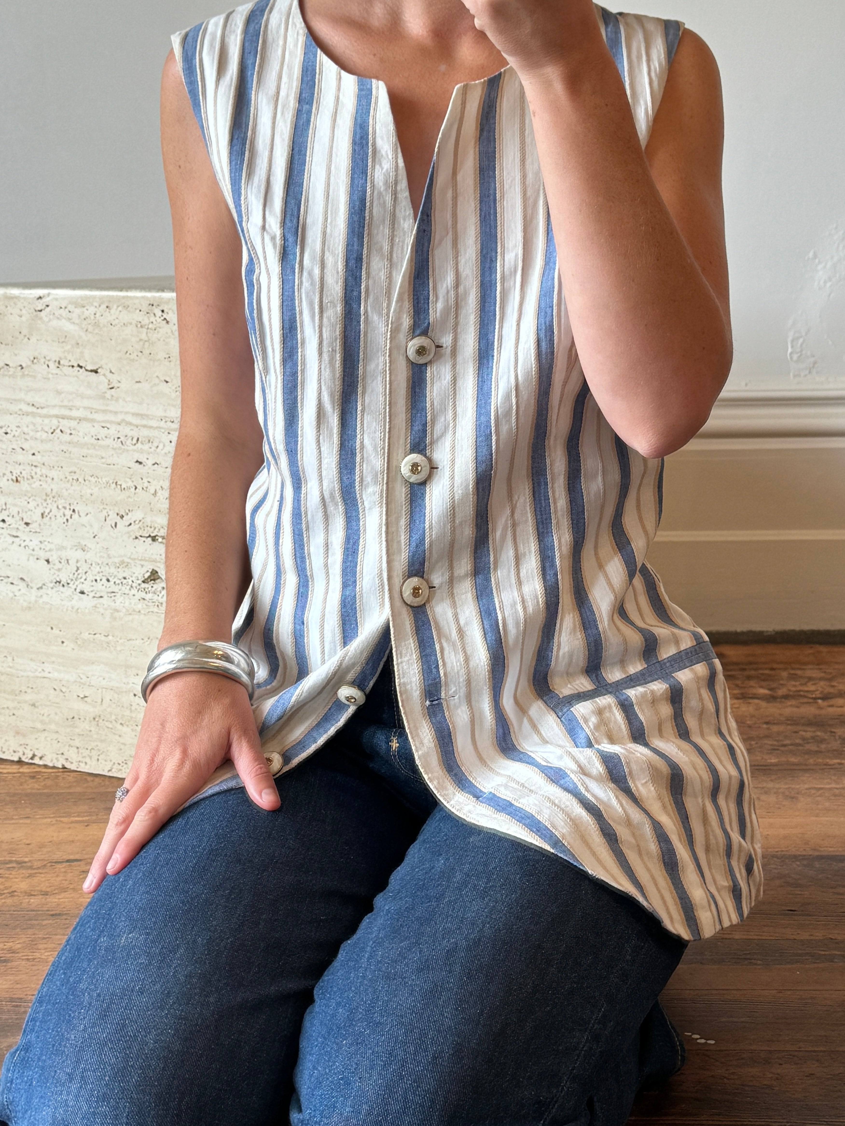 Vintage Tailored Blue and Oat Stripe Vest