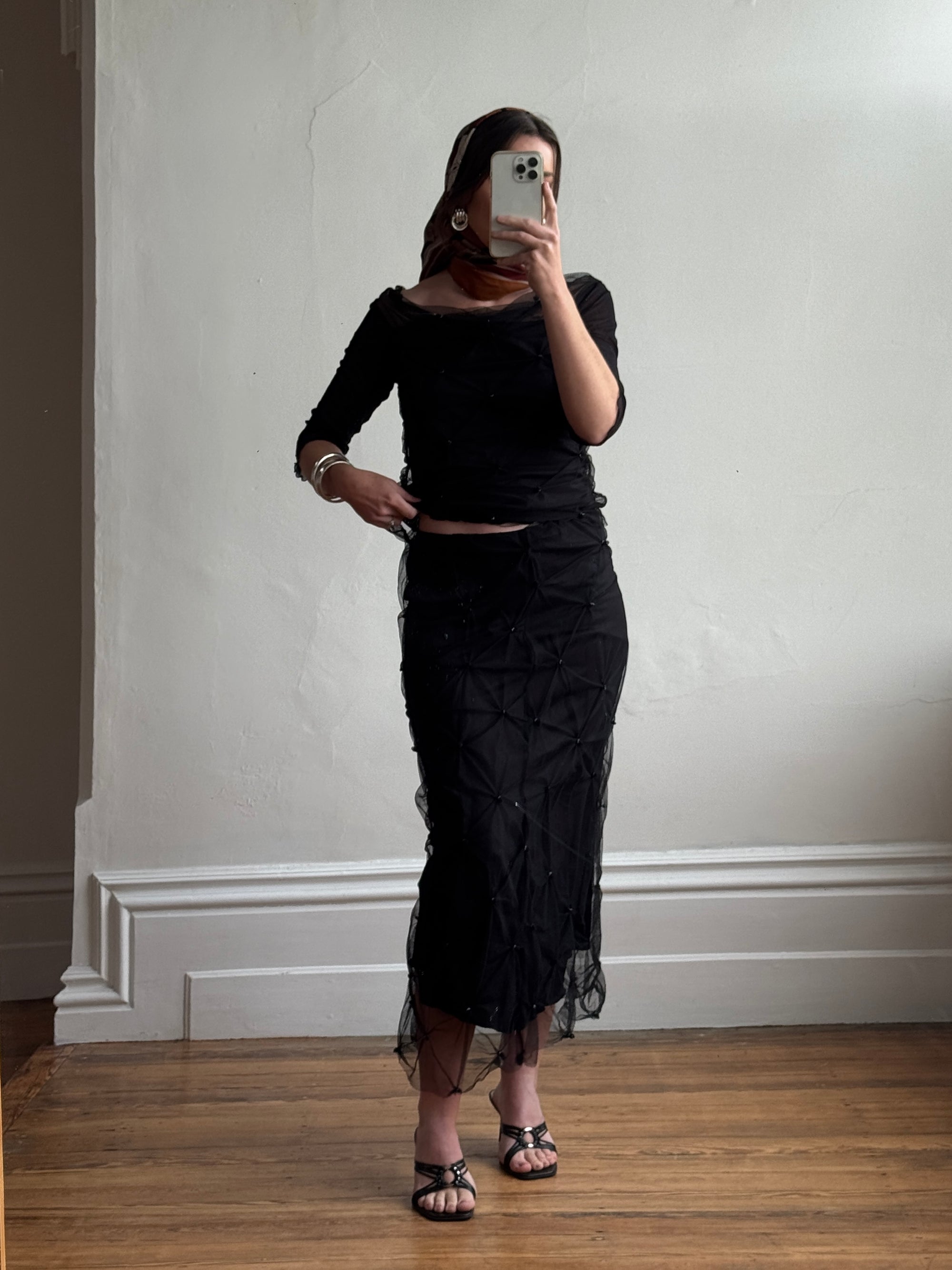 Vintage 90s Mesh Smocked Two Piece Set noir