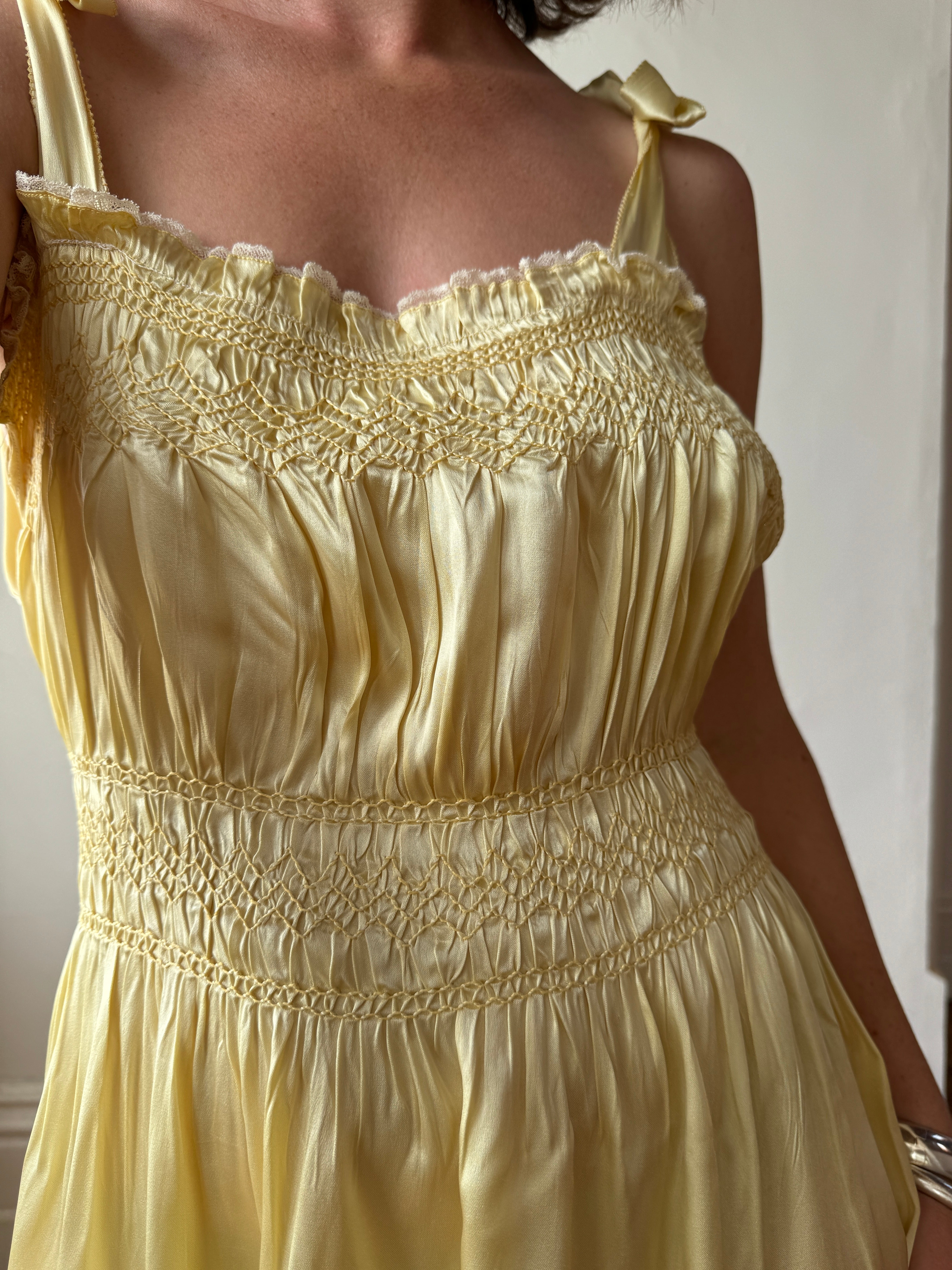 Vintage 40s Liquid Satin Shirred Dress With Ribbon Ties Yellow