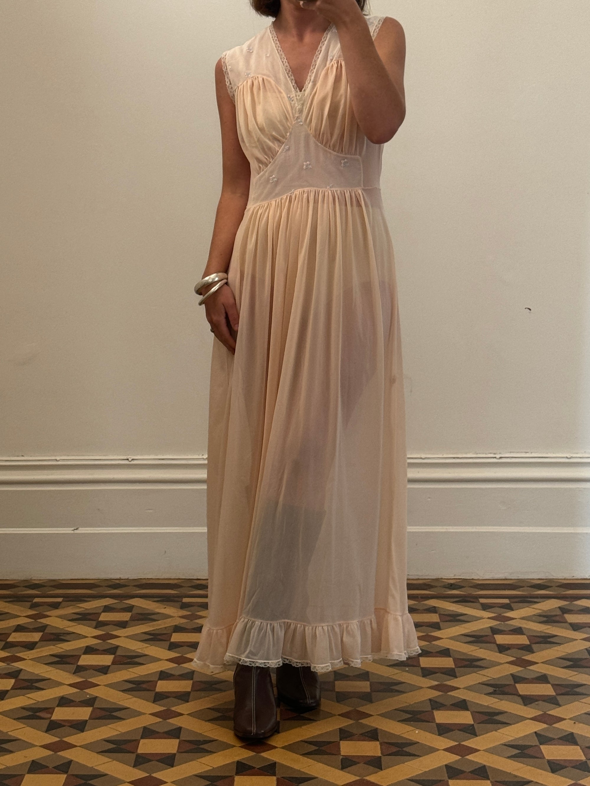 Vintage Apricot and Blue Petite Floral Maxi Dress