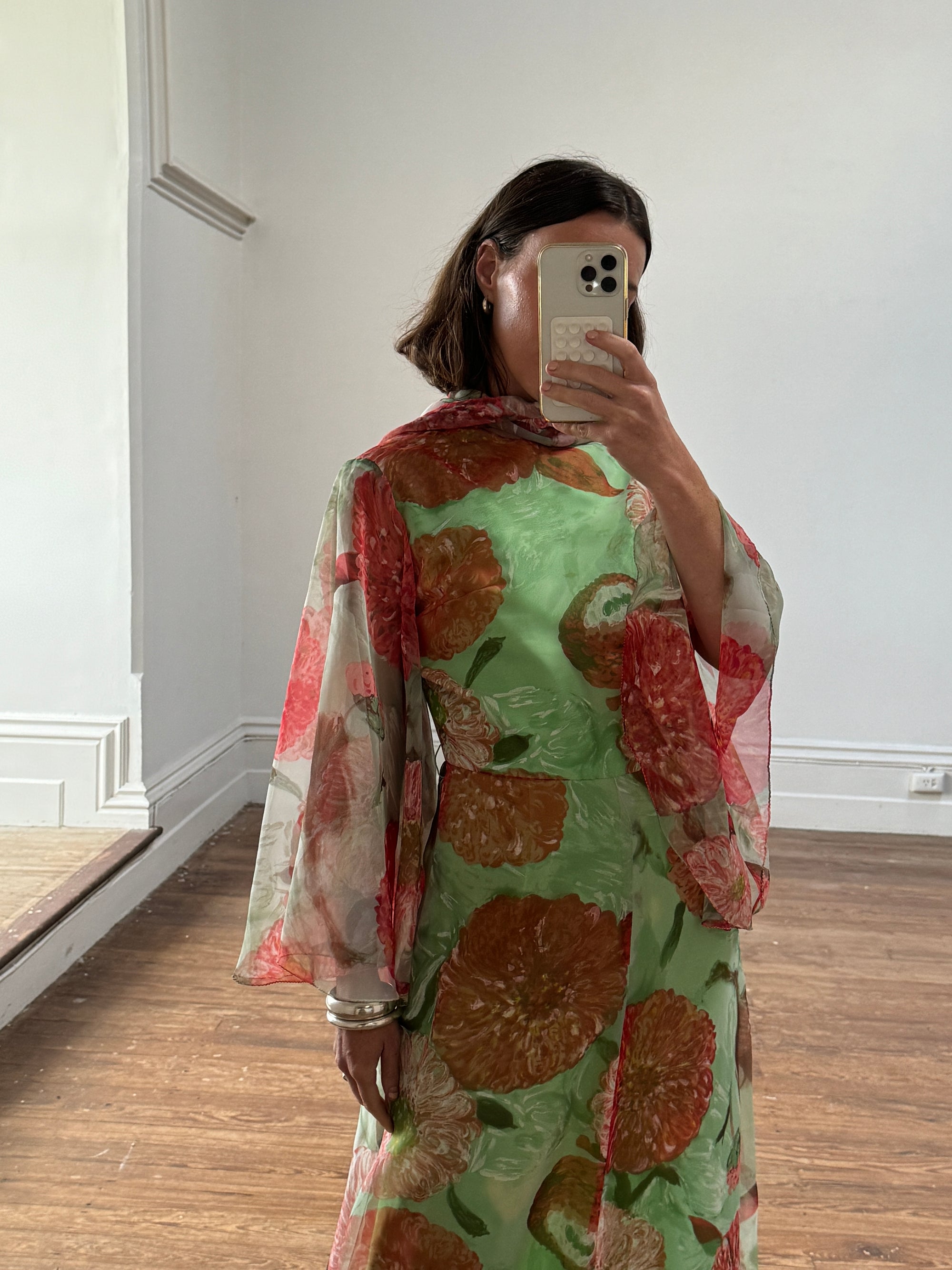 Vintage 70s Floral Belted Maxi Dress