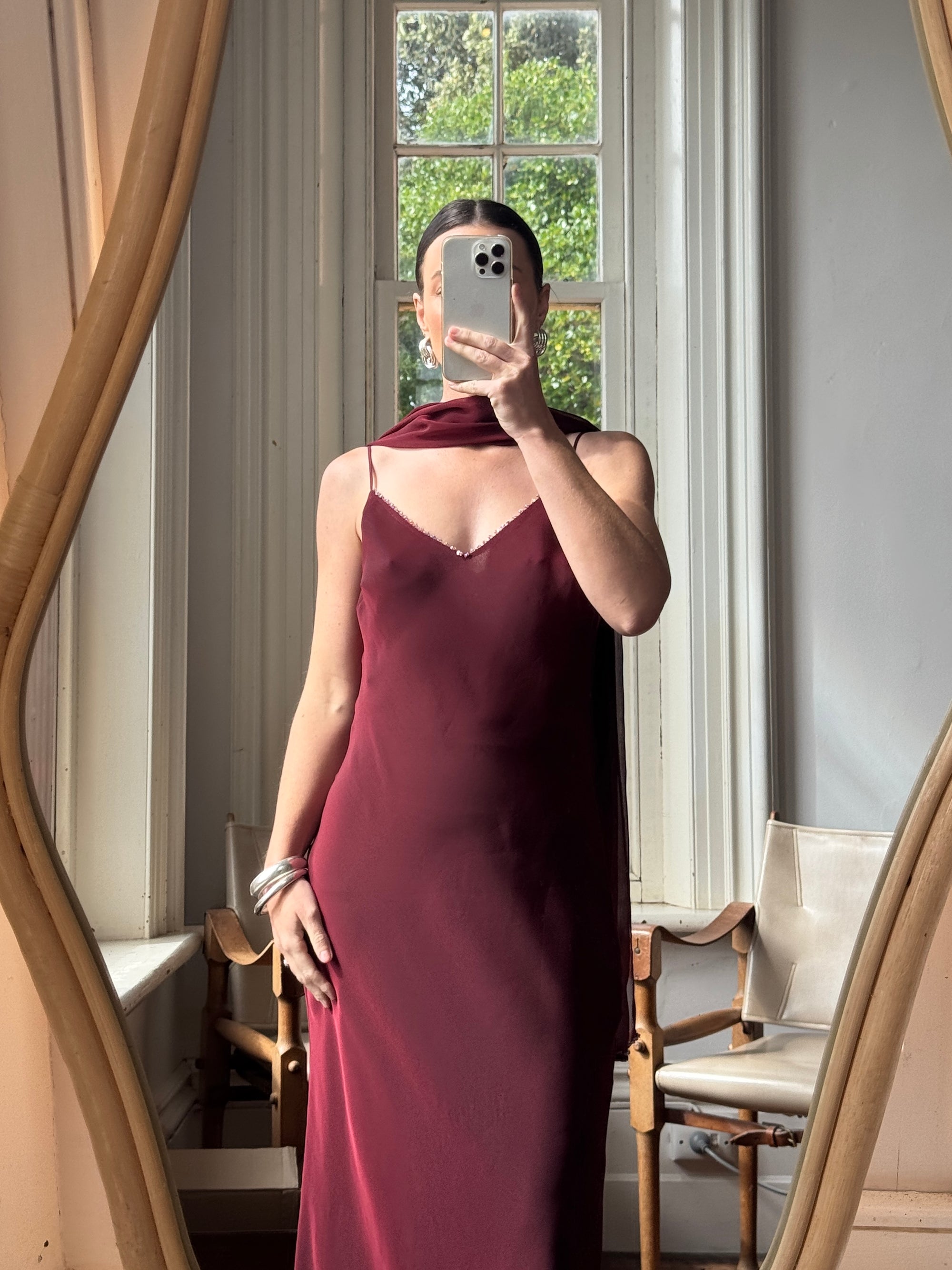 Vintage 90s Burgundy Slip Dress With Pink Sequins and Scarf