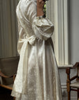 Vintage 70s Floral Satin Jacquard Wedding Dress Creme