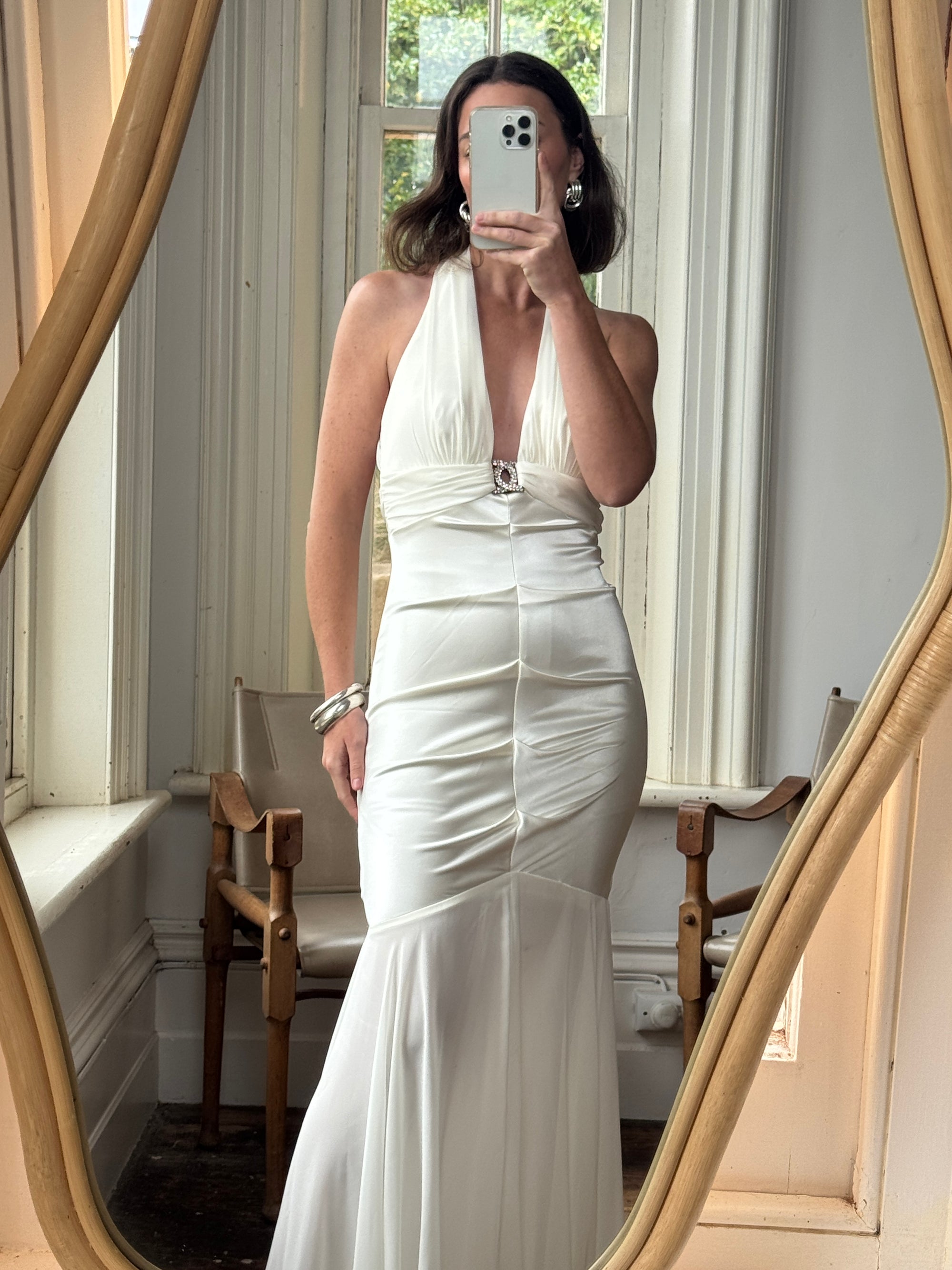 Vintage Y2K USA Made Mermaid Satin Fluted Dress Ivory
