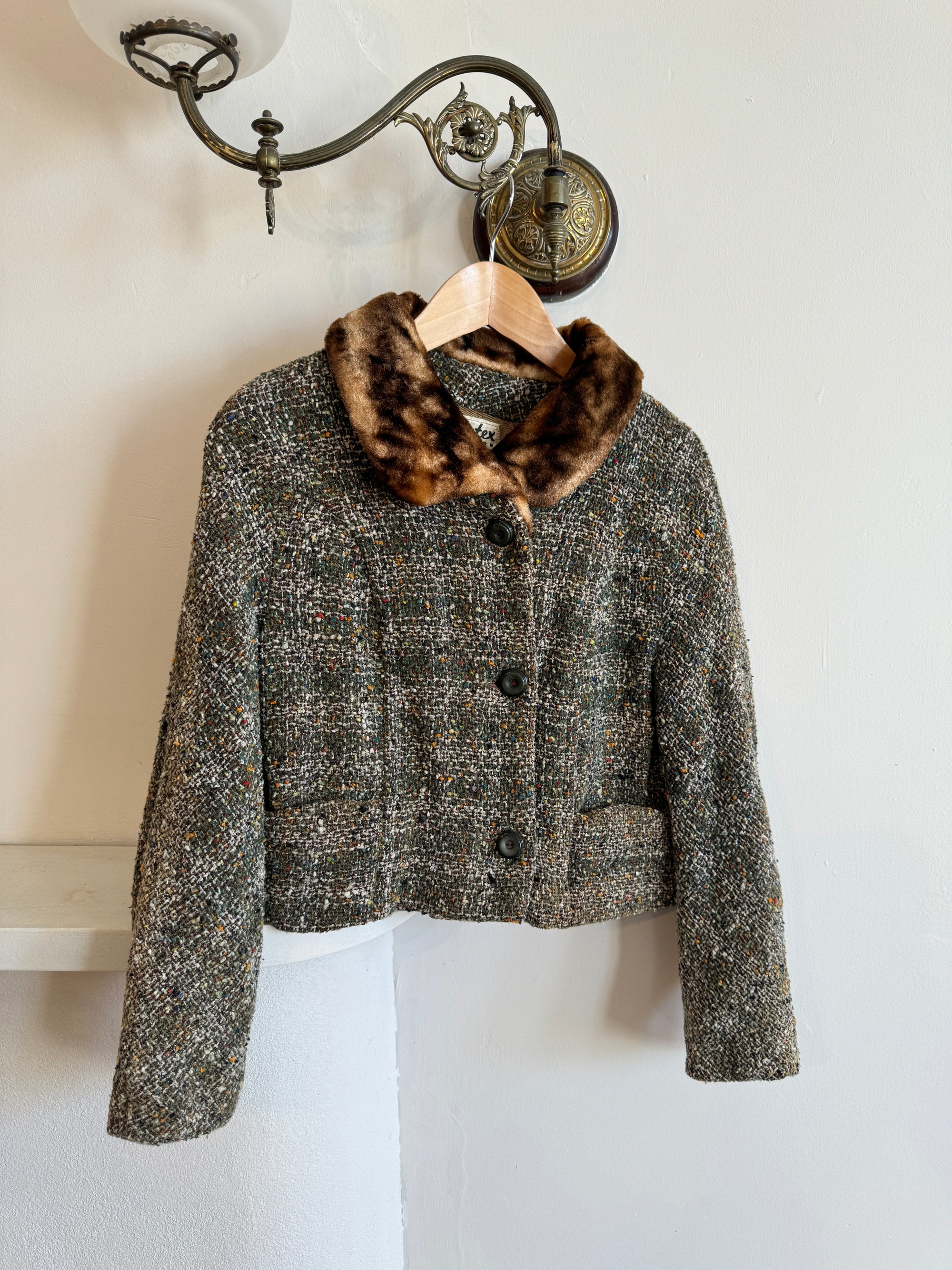 Vintage Olive Tweed Cropped Coat with Faux Fur Collar