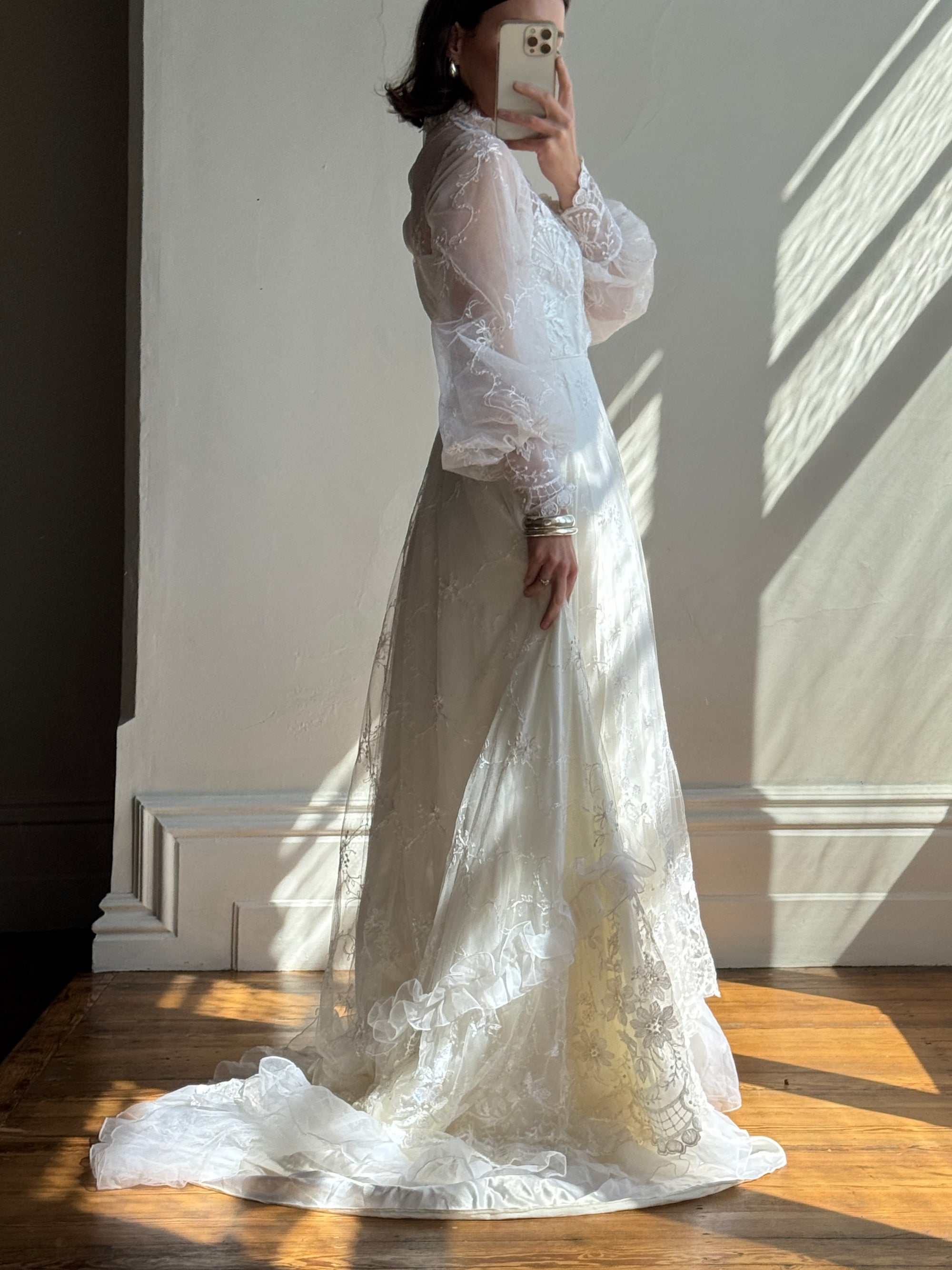 Vintage 70s Embroidered Prairie Long Sleeved Wedding Gown
