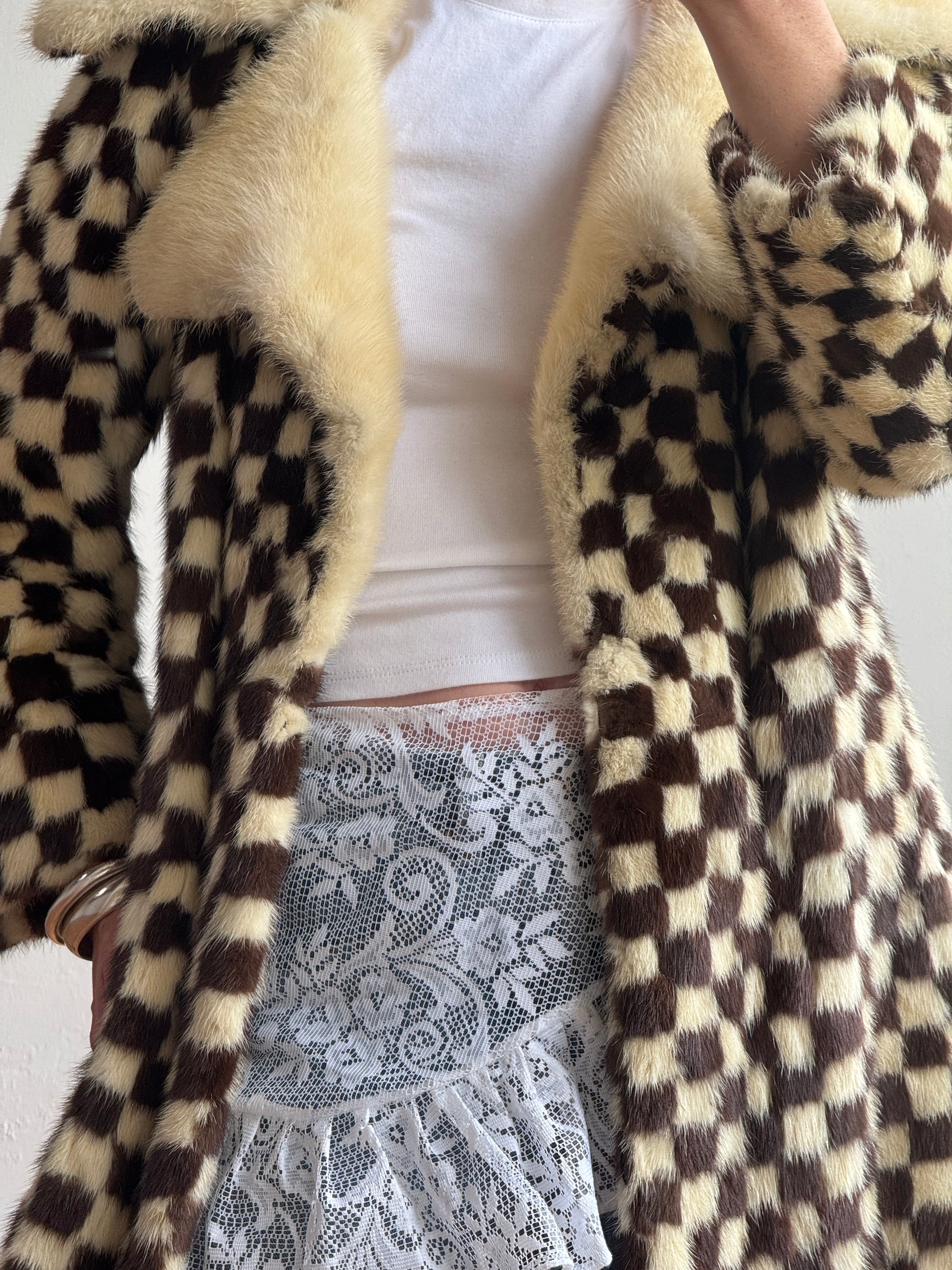 Vintage Rare 70s Mink Fur Checkerboard Coat