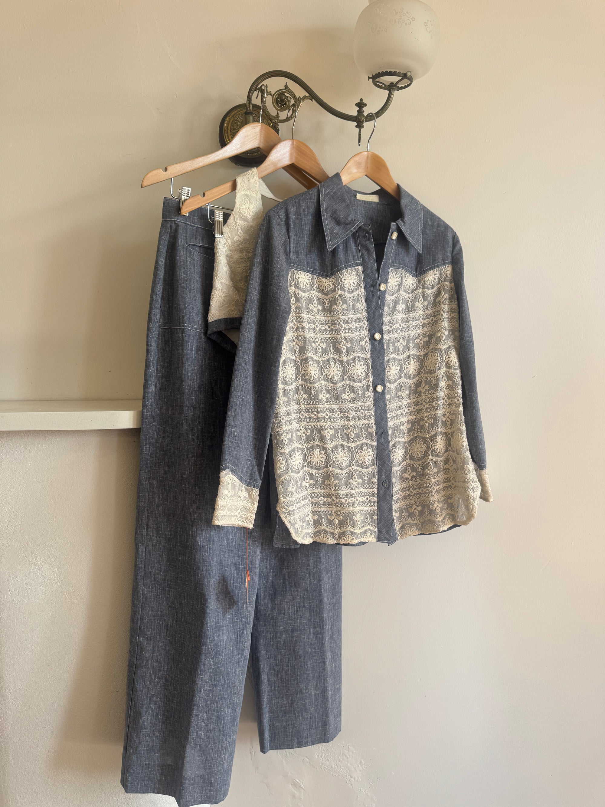 Vintage 70s 3 piece Chambray and Lace Western Set