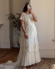 Vintage 70s Creme Tiered Lace Wedding Dress with Pleats