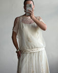Vintage 80s Drop Waist Floral Sheer Midi Dress Creme