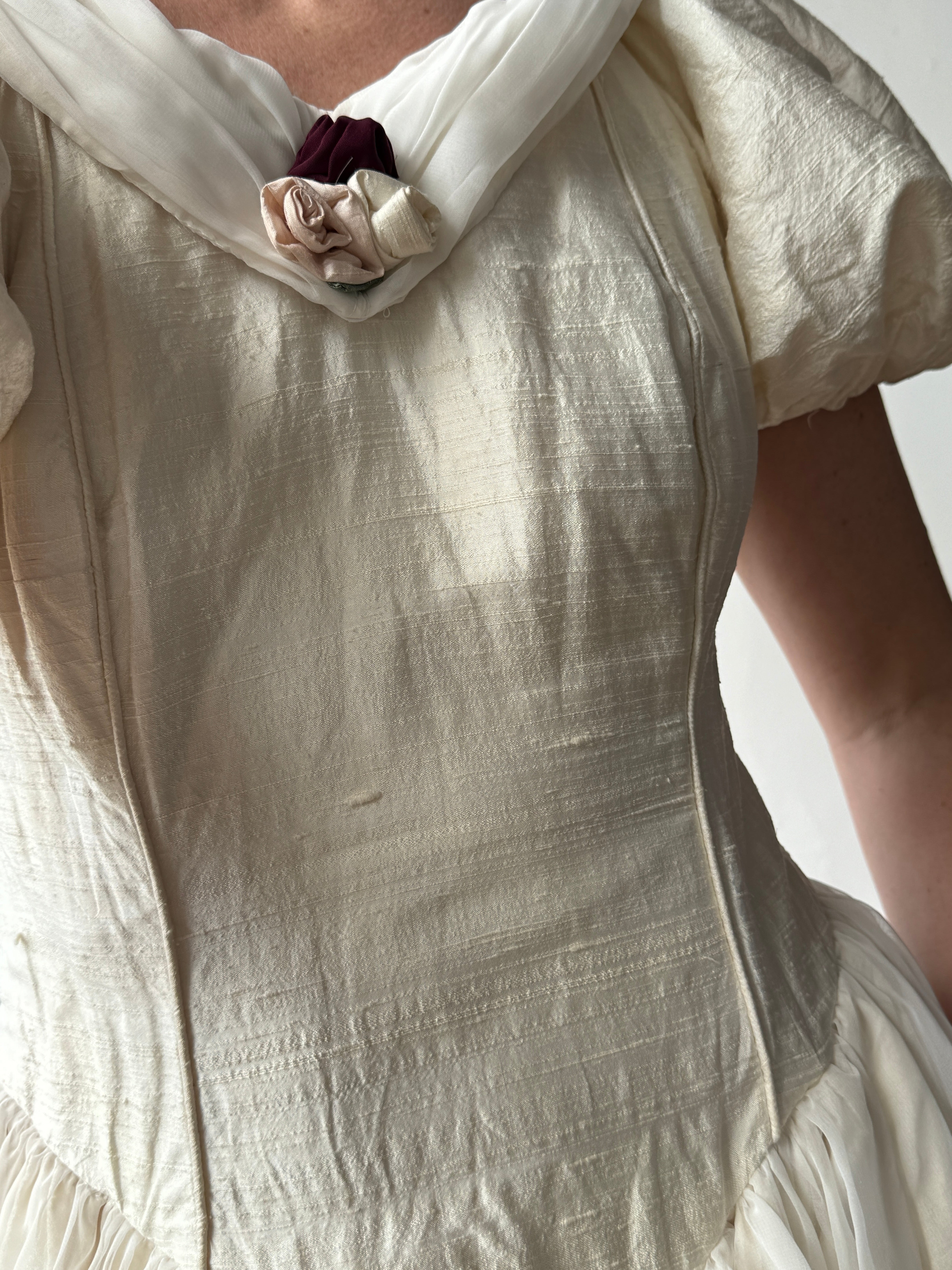 Vintage Silk Puff Sleeve Wedding Dress with Chiffon and Roses