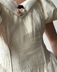 Vintage Silk Puff Sleeve Wedding Dress with Chiffon and Roses
