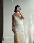 Vintage 90s Pure Silk Embellished Midi Dress With Scarf Creme