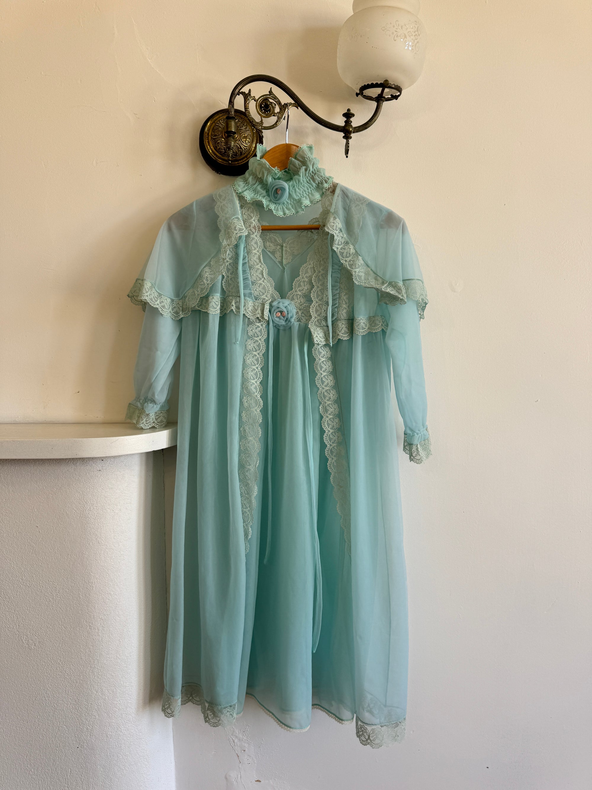 Vintage 50s 4-Piece Peignoir and Slip Set Aqua Lace Rosette