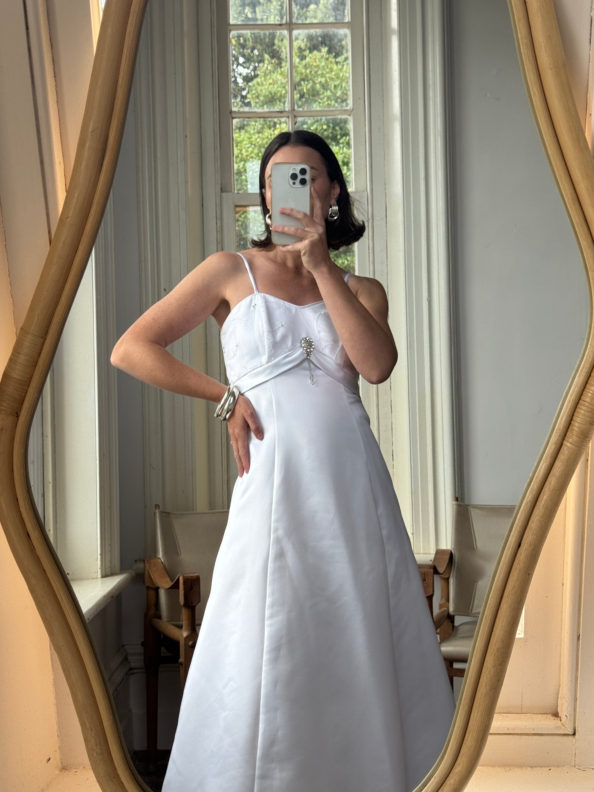 Vintage 90s A-Line Satin Wedding Dress with Rhinestone Pendant