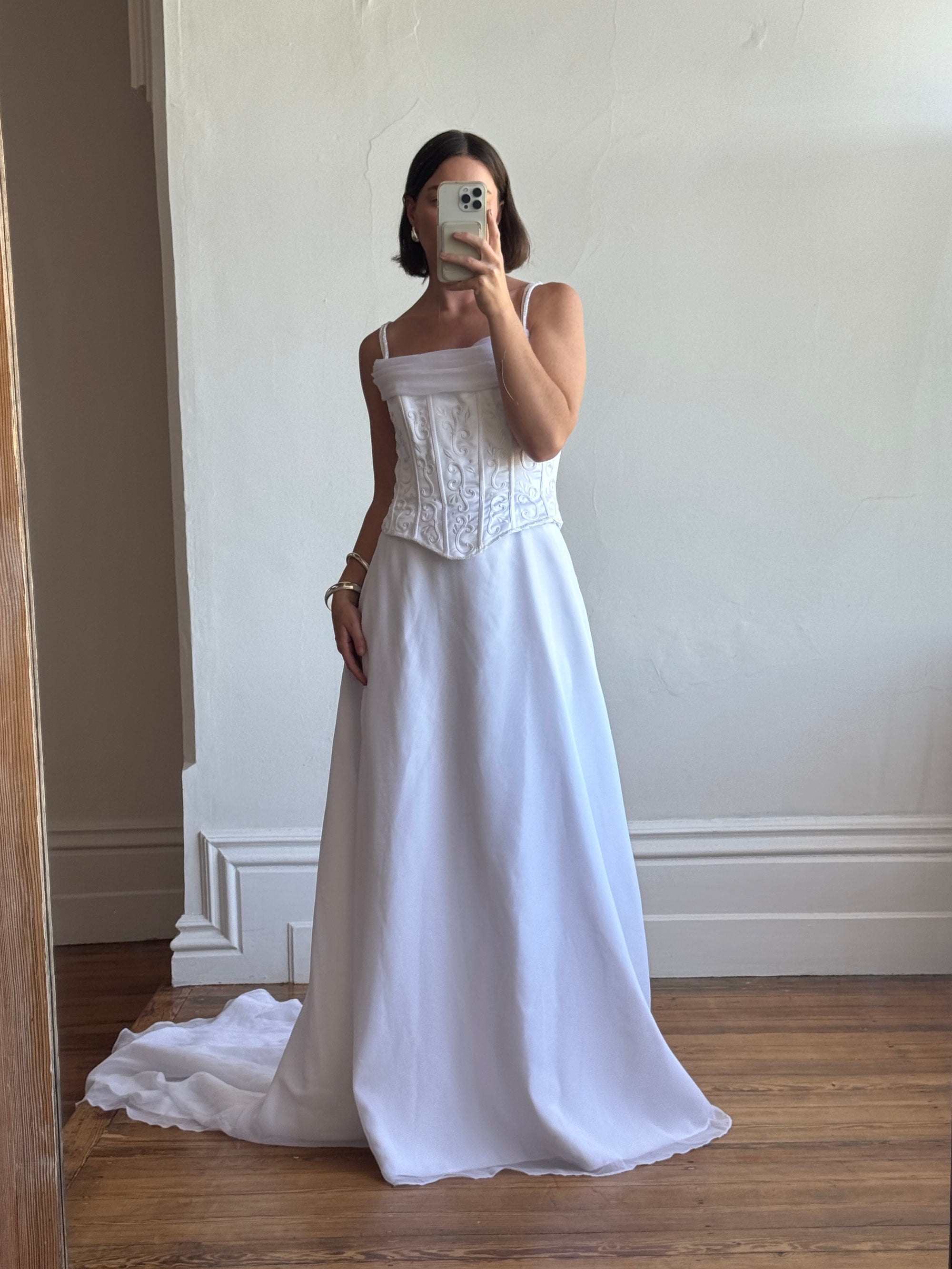 Vintage 90s Embroidered Corset Cowl Neck Wedding Dress