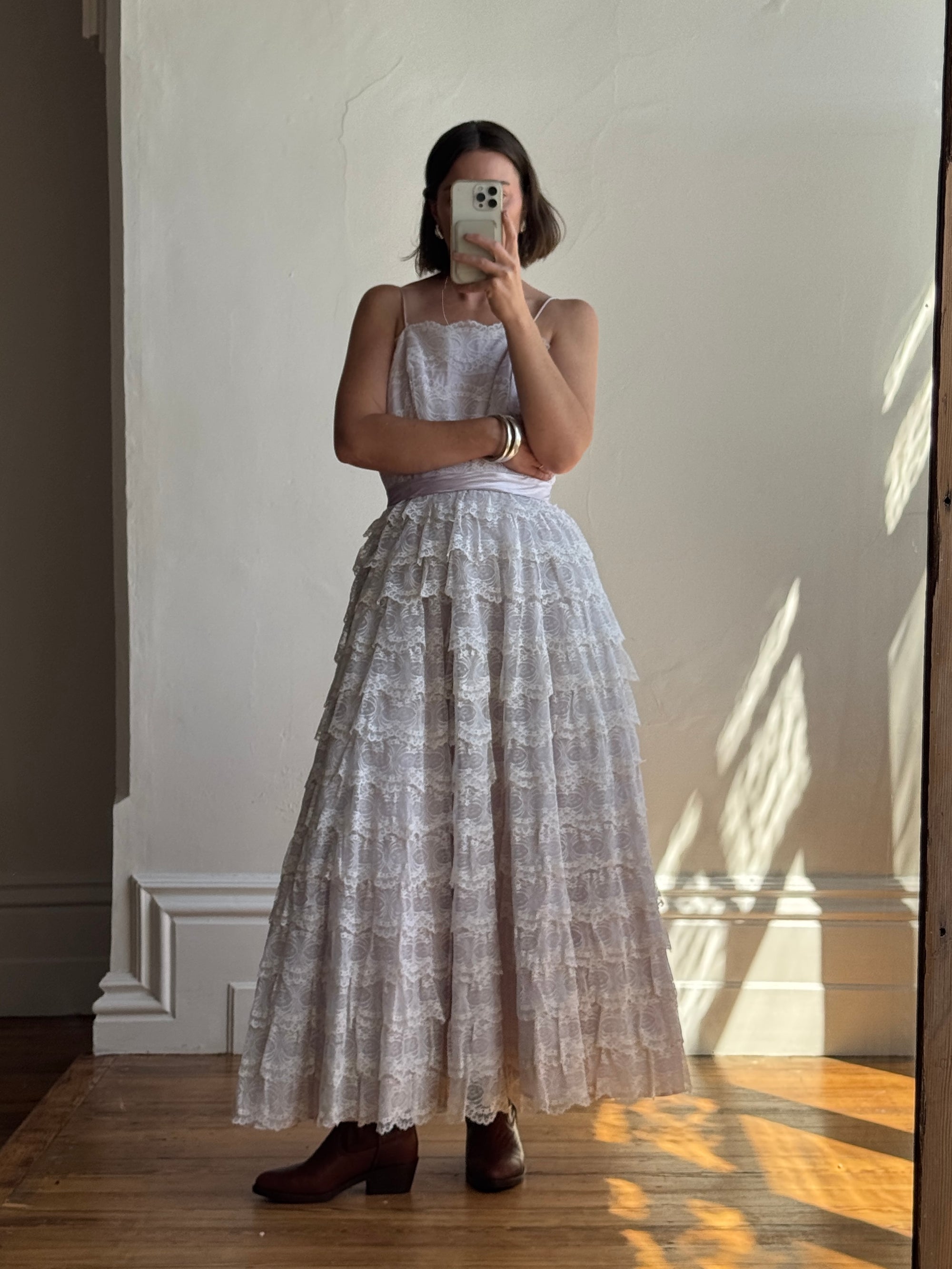 Vintage 50s Cupcake Tiered Lace Prom Dress Lilac