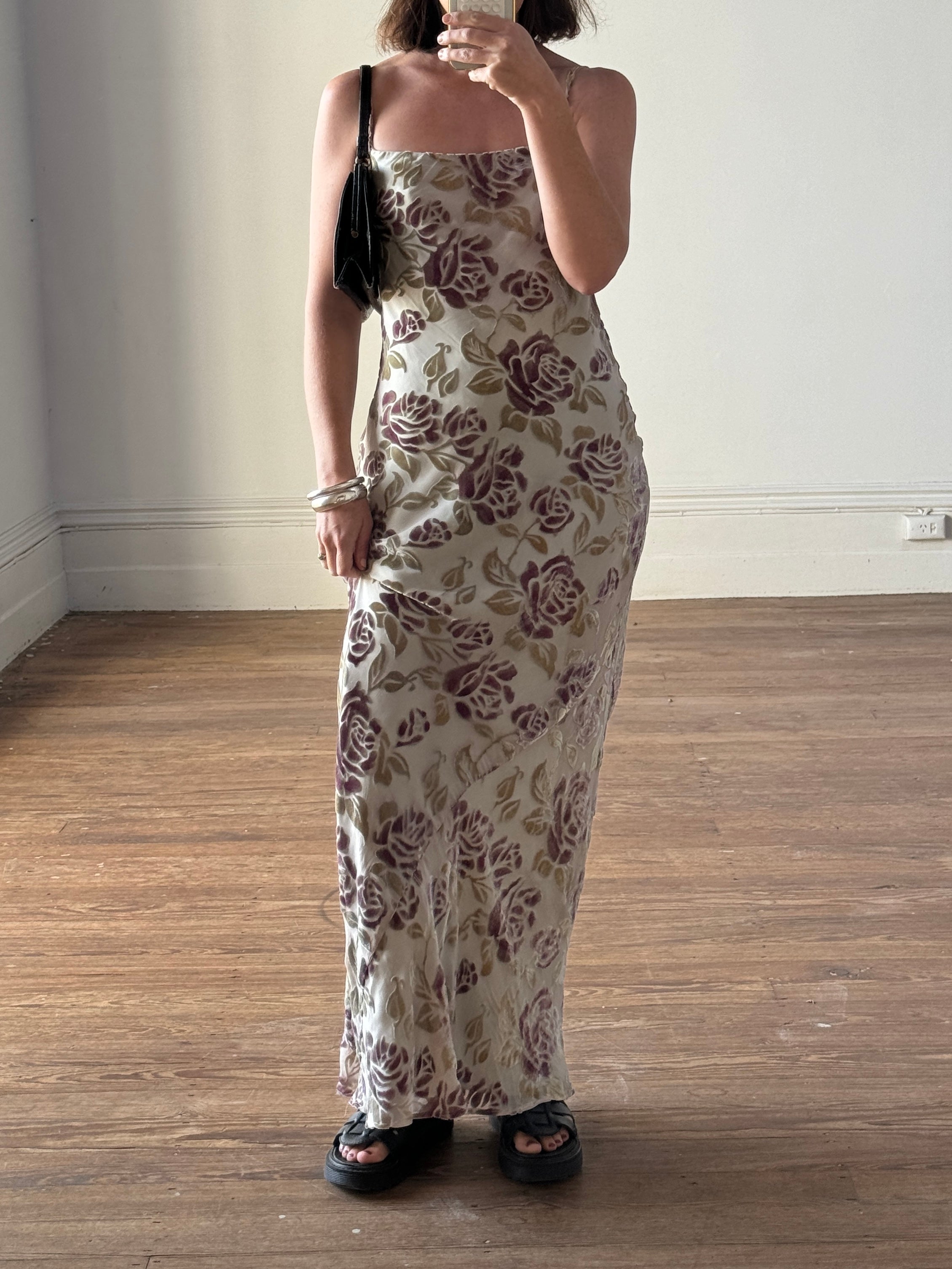 Vintage 90s Burnt Velvet Bias Cut Slip Dress Olive