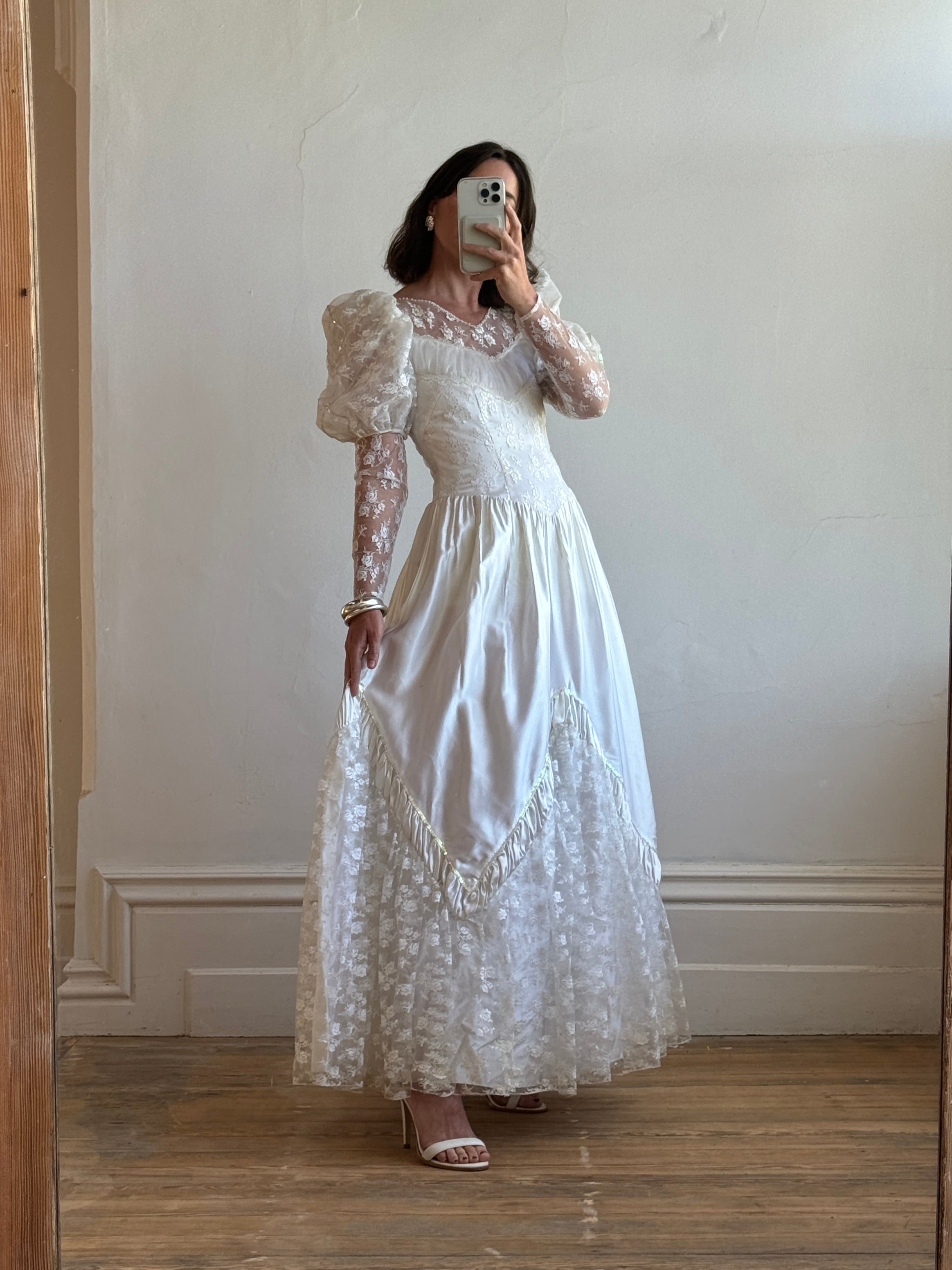 Vintage 80s Lace Satin Sequin Panelled Wedding Gown