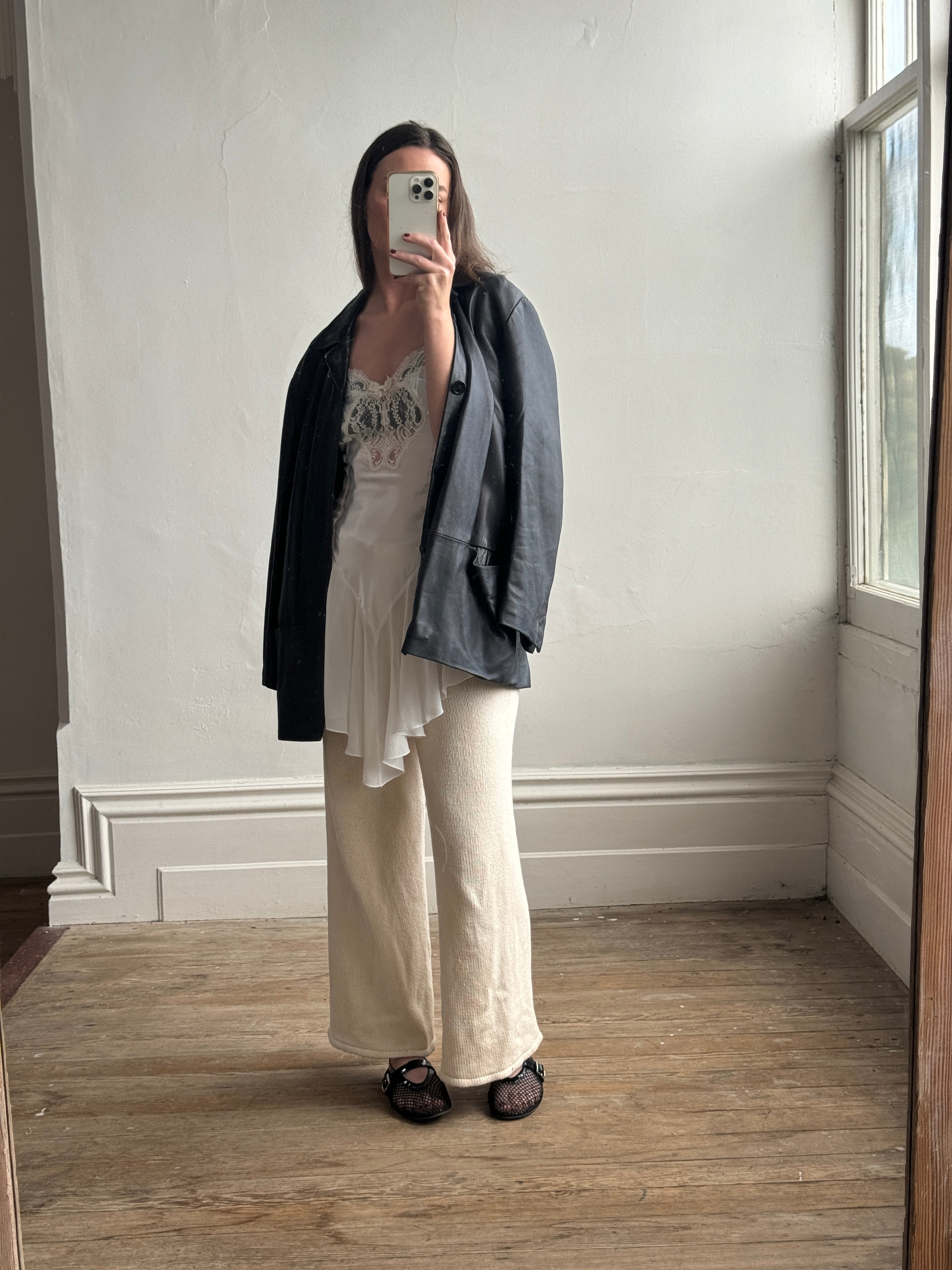 Vintage 90s Collared Leather Jacket Noir