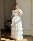 Vintage 70s Tiered Lace Wedding Dress Crisp White