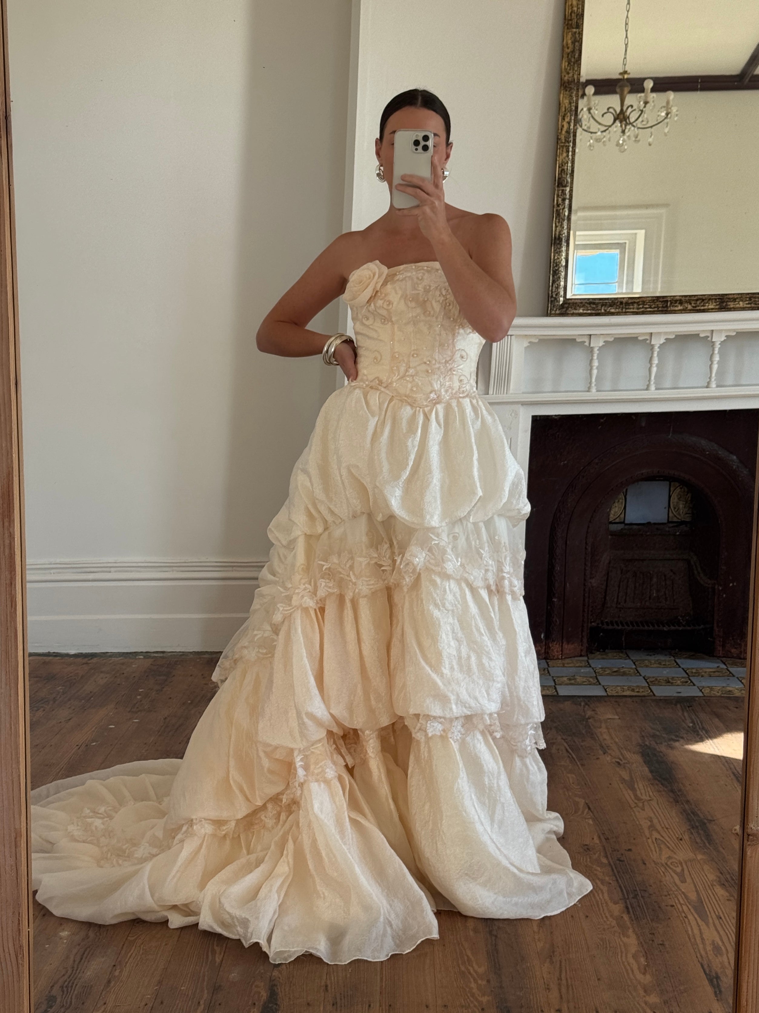 Vintage 90s Strapless Rosette Bubble Wedding Gown Peachy Creme