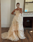 Vintage 90s Strapless Rosette Bubble Wedding Gown Peachy Creme