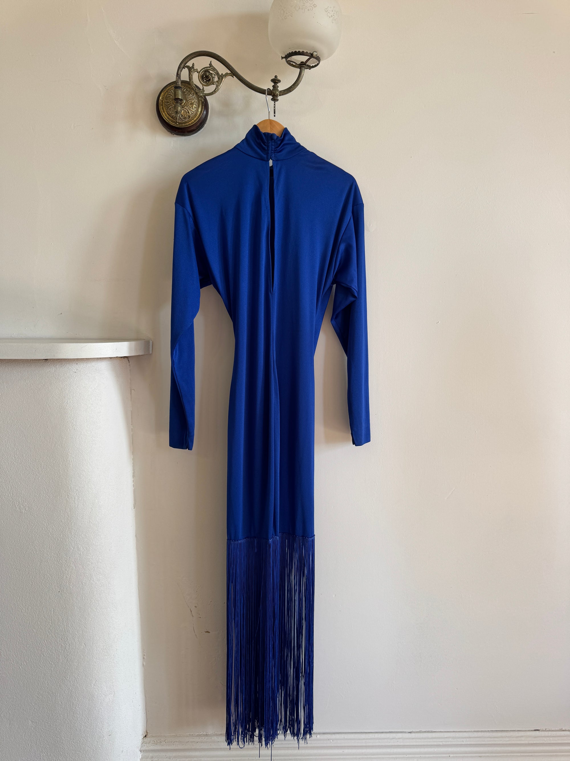 Vintage 80s Royal Blue Long Sleeve Fringe Dress