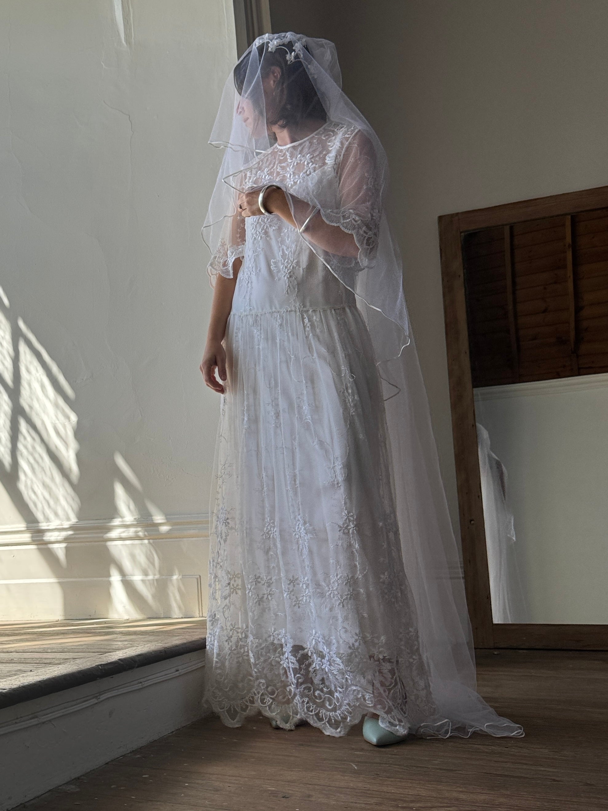 Vintage Full Length Tiered Bridal Veil with Cage Headpiece