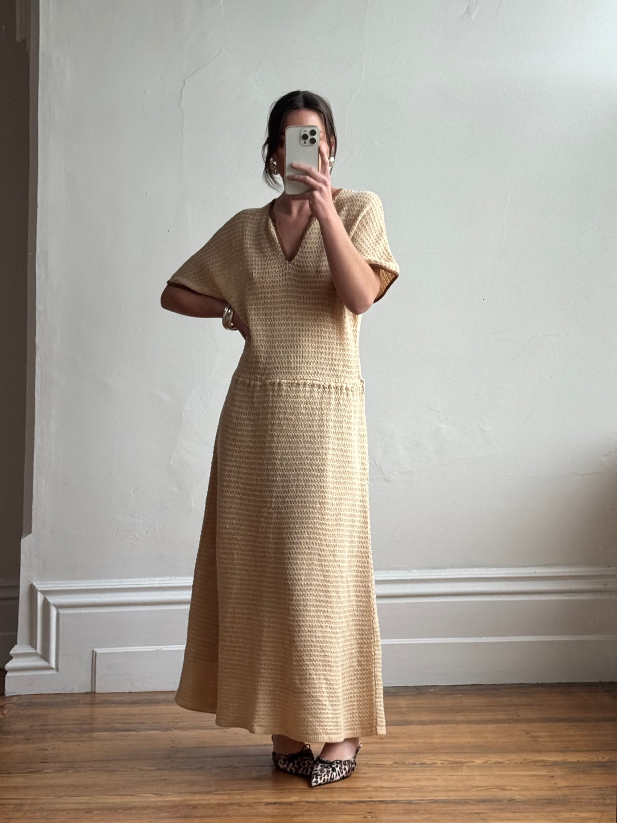 Vintage 70s Silk Blend Crochet Knit Drop Waist Maxi Dress
