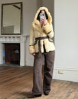 Vintage Y2K Italian Leather and Fur Belted Jacket with Hood