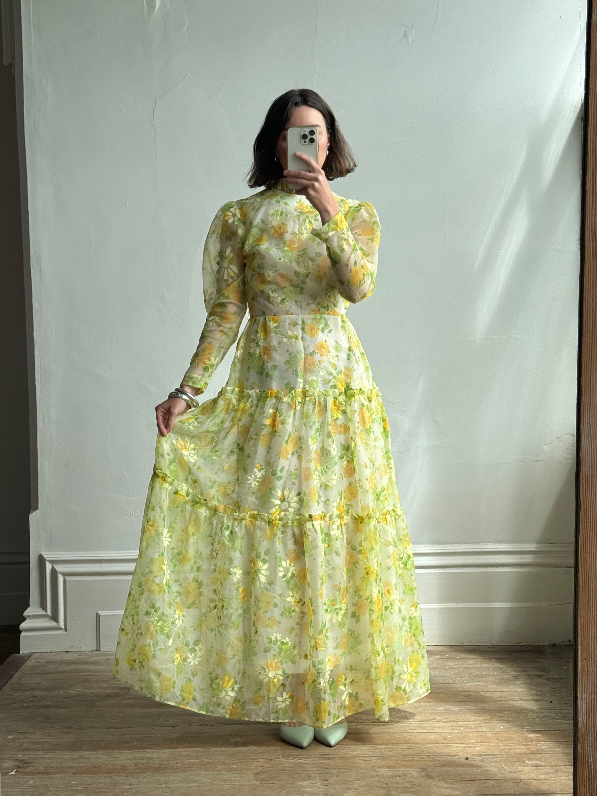 Vintage 70s Lemon Floral Tiered Maxi Dress