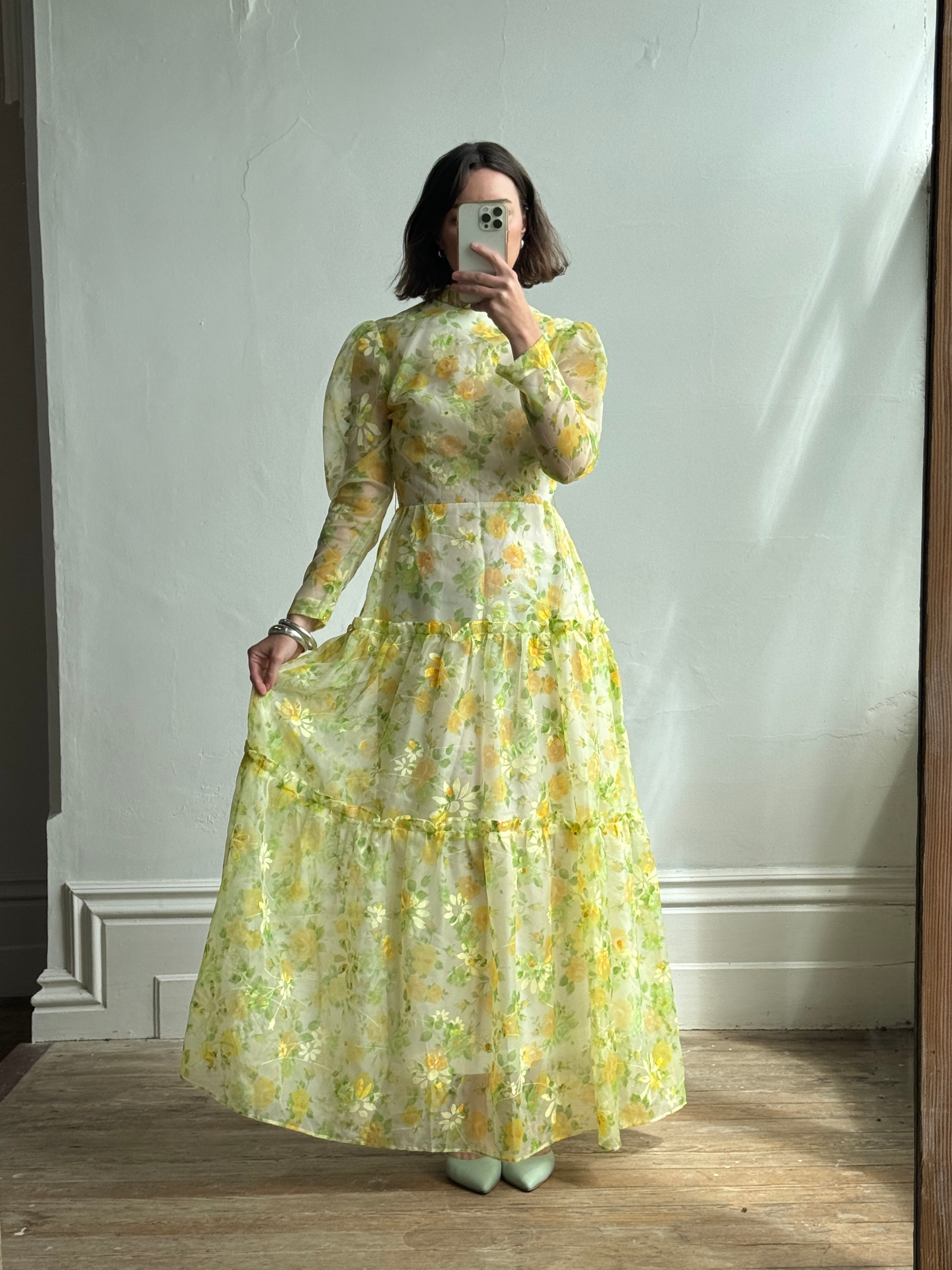 Vintage 70s Lemon Floral Tiered Maxi Dress