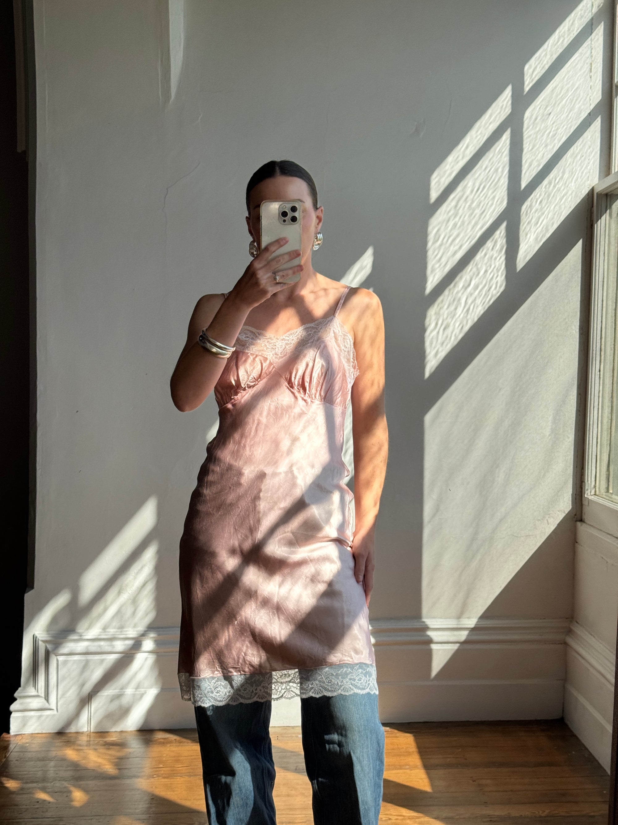 Vintage 50s Liquid Satin Slip Pink Dress Creme Lace