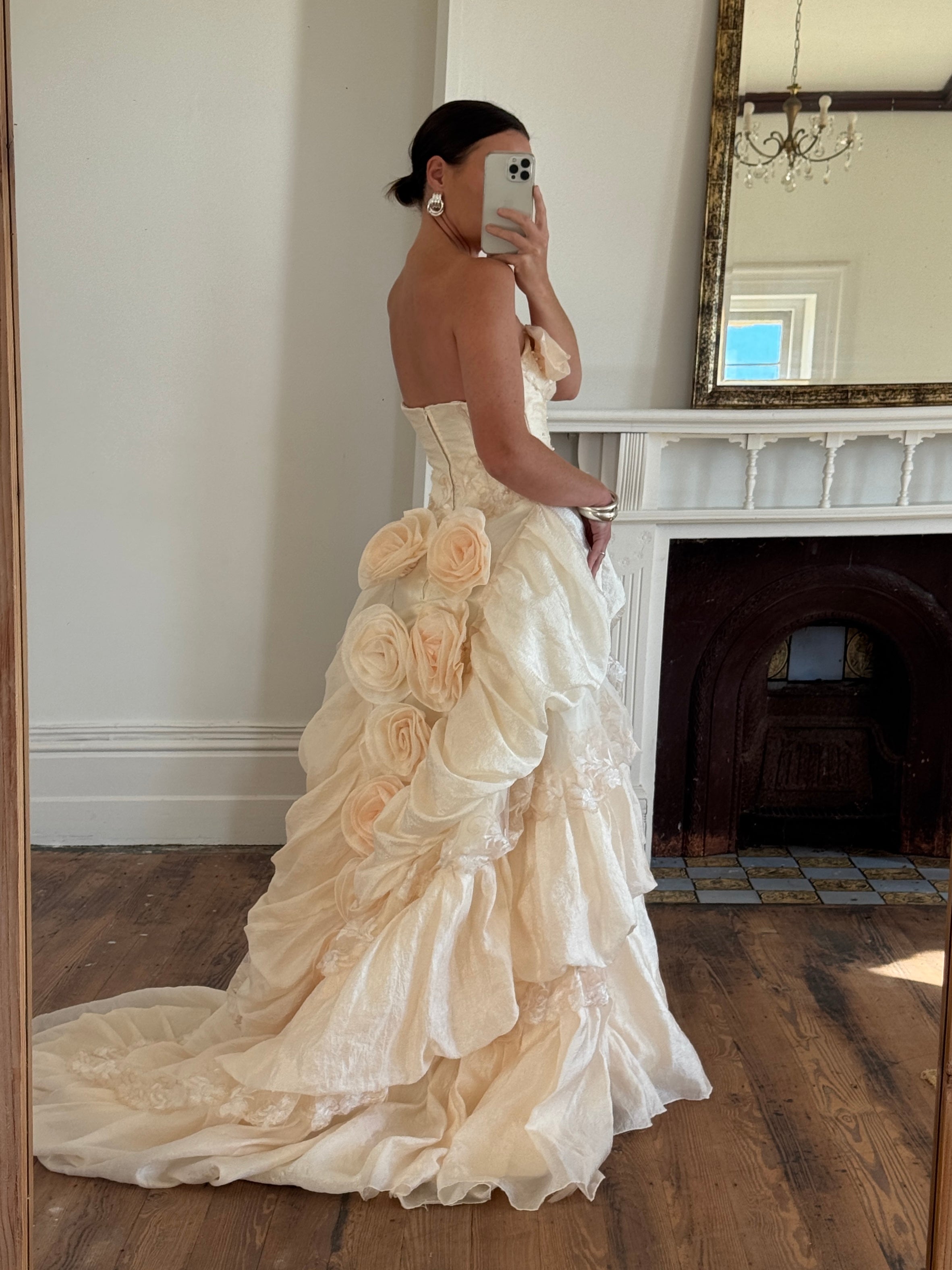 Vintage 90s Strapless Rosette Bubble Wedding Gown Peachy Creme