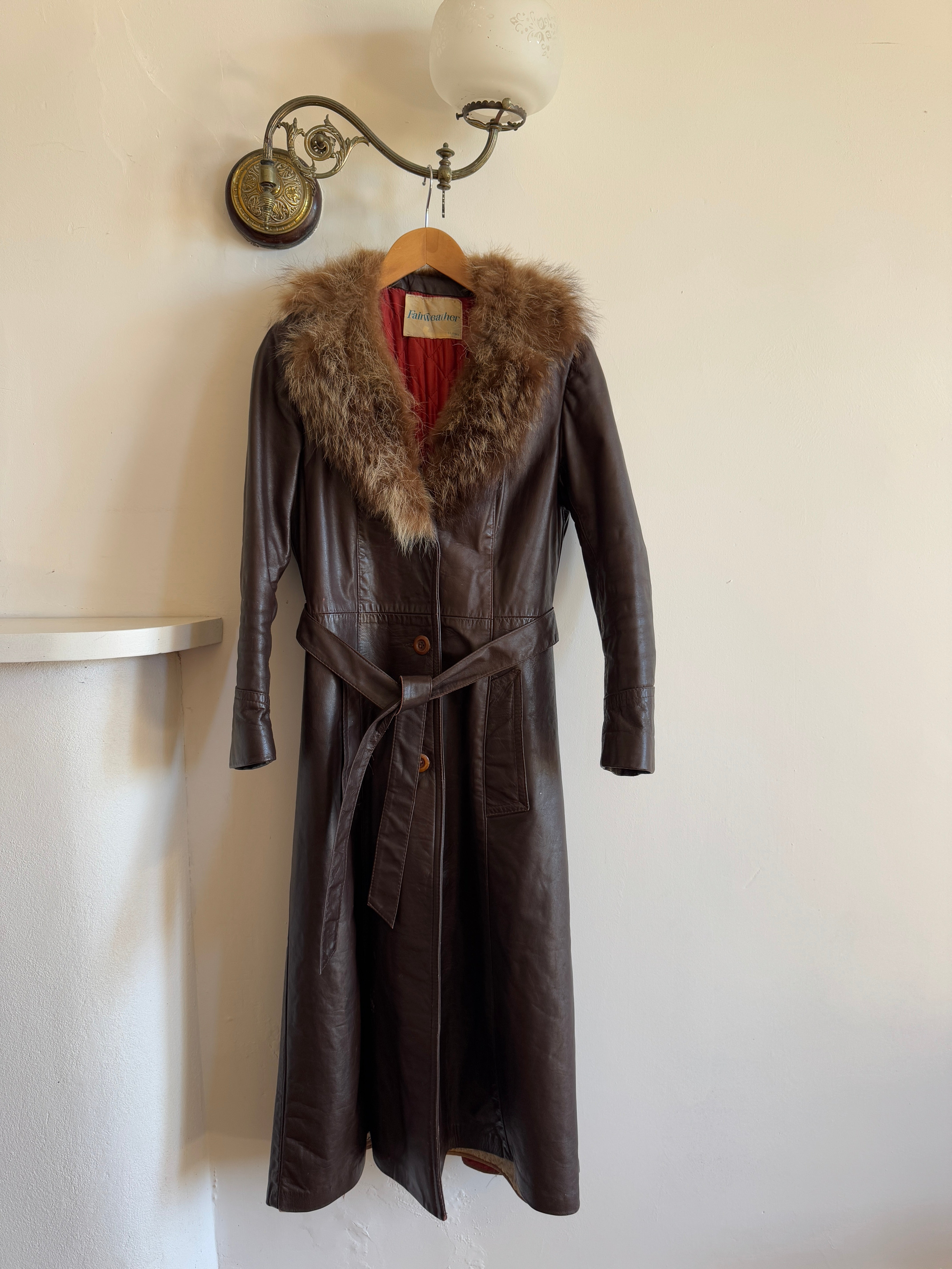 Vintage 70s Chocolate Leather Trench Coat with Fur Collar