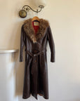 Vintage 70s Chocolate Leather Trench Coat with Fur Collar