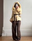 Vintage Y2K Italian Leather and Fur Belted Jacket with Hood