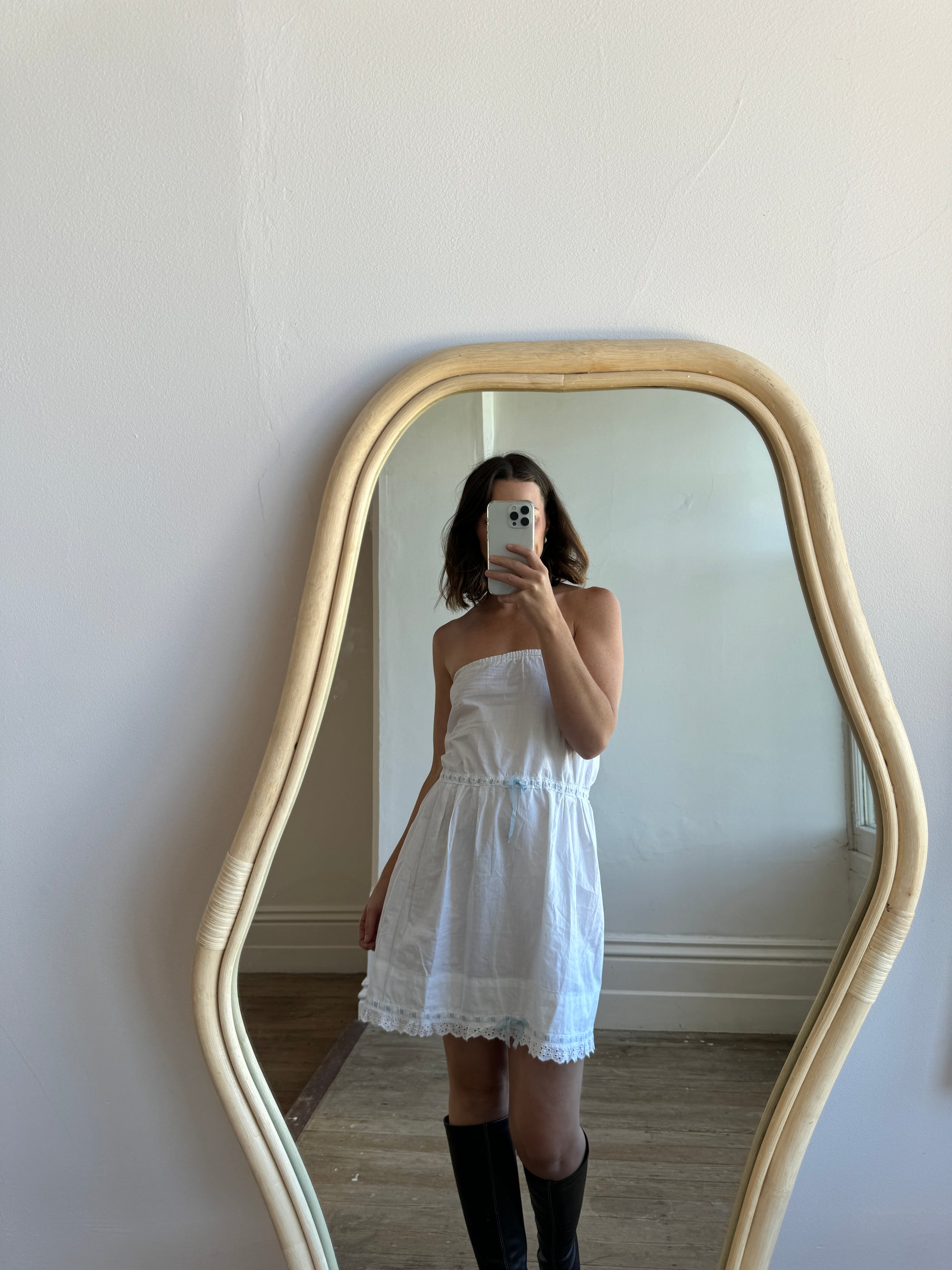 Vintage Cotton Petticoat Dress with Blue Ribbon