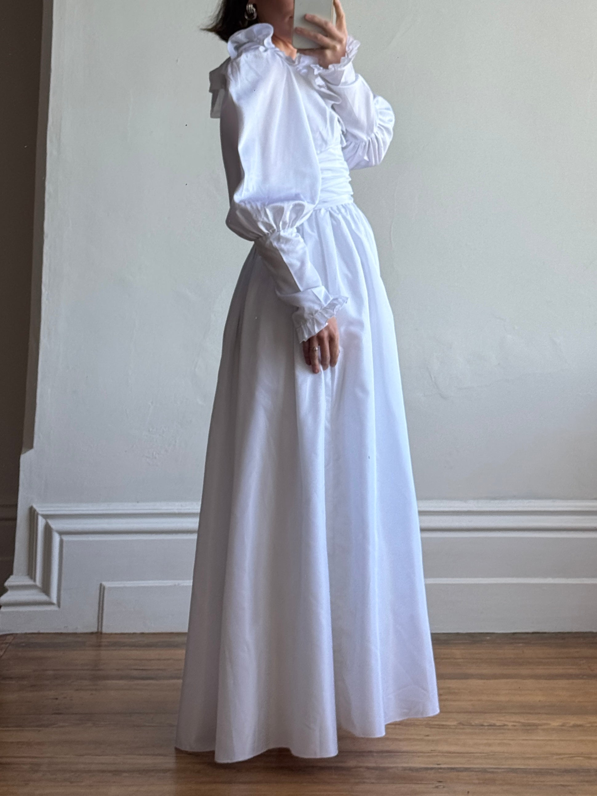 Vintage 70s Taffeta Frill Wedding Dress with Bow
